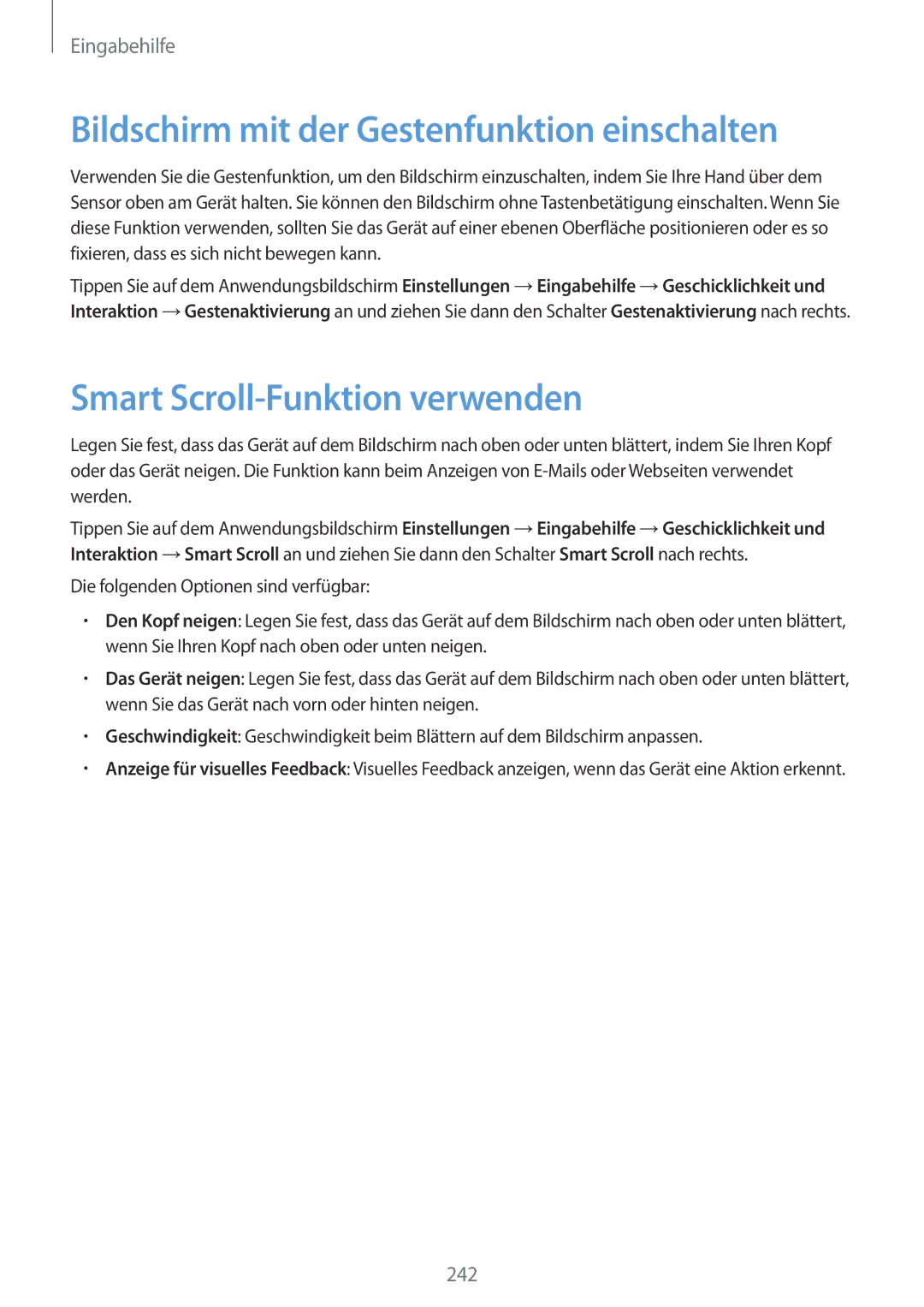 Samsung SM-G900FZWADBT, SM-G900FZKADBT manual Bildschirm mit der Gestenfunktion einschalten, Smart Scroll-Funktion verwenden 