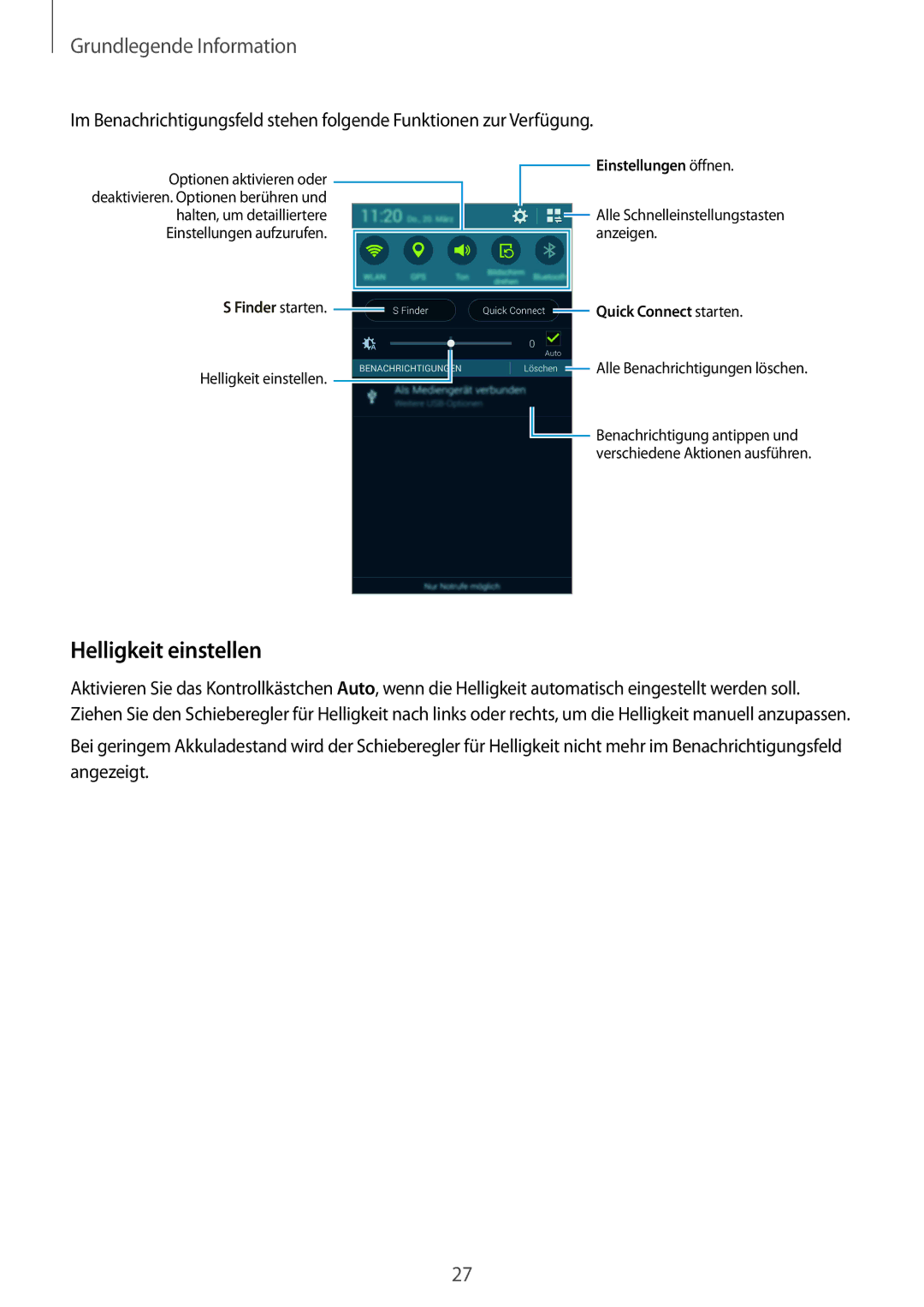 Samsung SM-G900FZDADBT, SM-G900FZKADBT, SM-G900FZBADBT, SM-G900FZWADBT manual Helligkeit einstellen, Quick Connect starten 