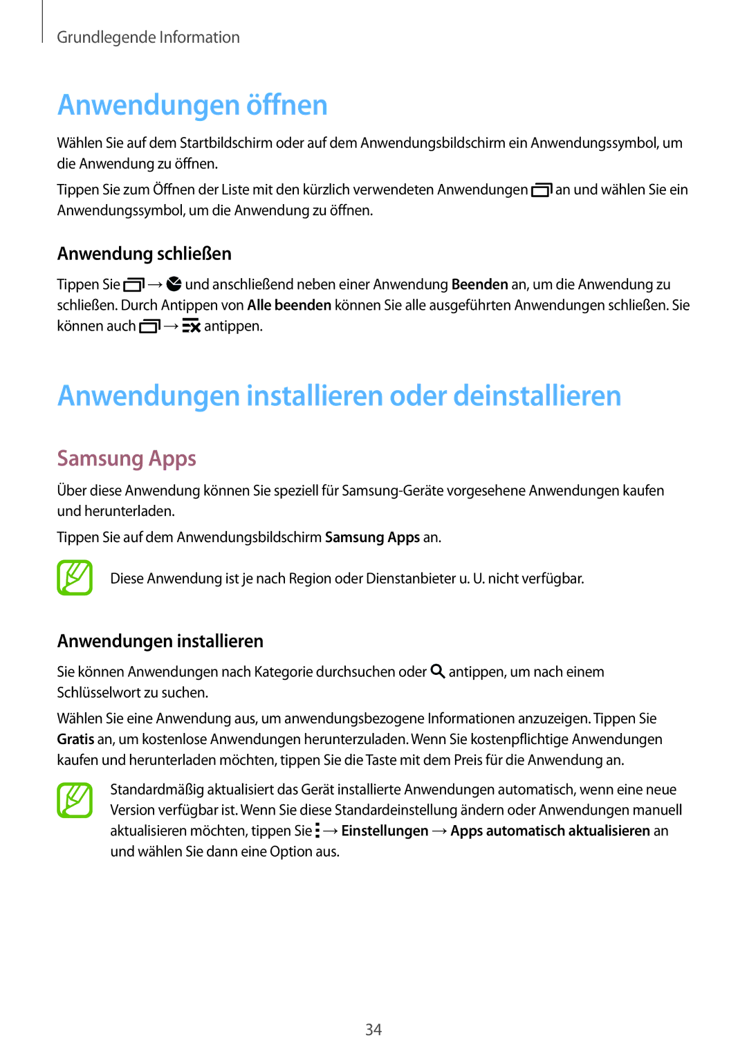 Samsung SM-G900FZWADBT Anwendungen öffnen, Anwendungen installieren oder deinstallieren, Samsung Apps, Anwendung schließen 