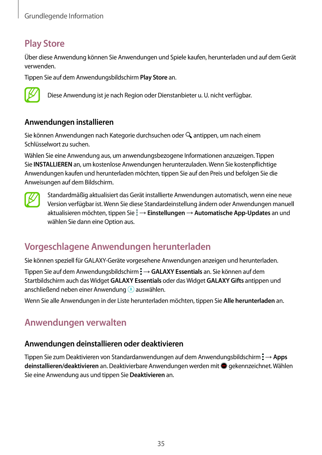 Samsung SM-G900FZDADBT, SM-G900FZKADBT manual Play Store, Vorgeschlagene Anwendungen herunterladen, Anwendungen verwalten 