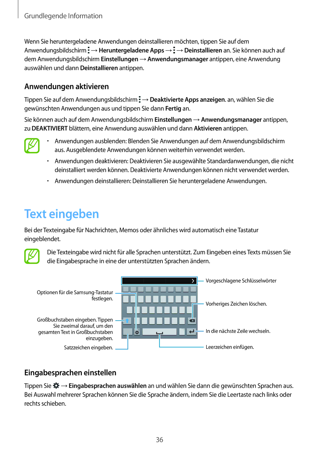 Samsung SM-G900FZKADBT, SM-G900FZBADBT, SM-G900FZWADBT Text eingeben, Anwendungen aktivieren, Eingabesprachen einstellen 