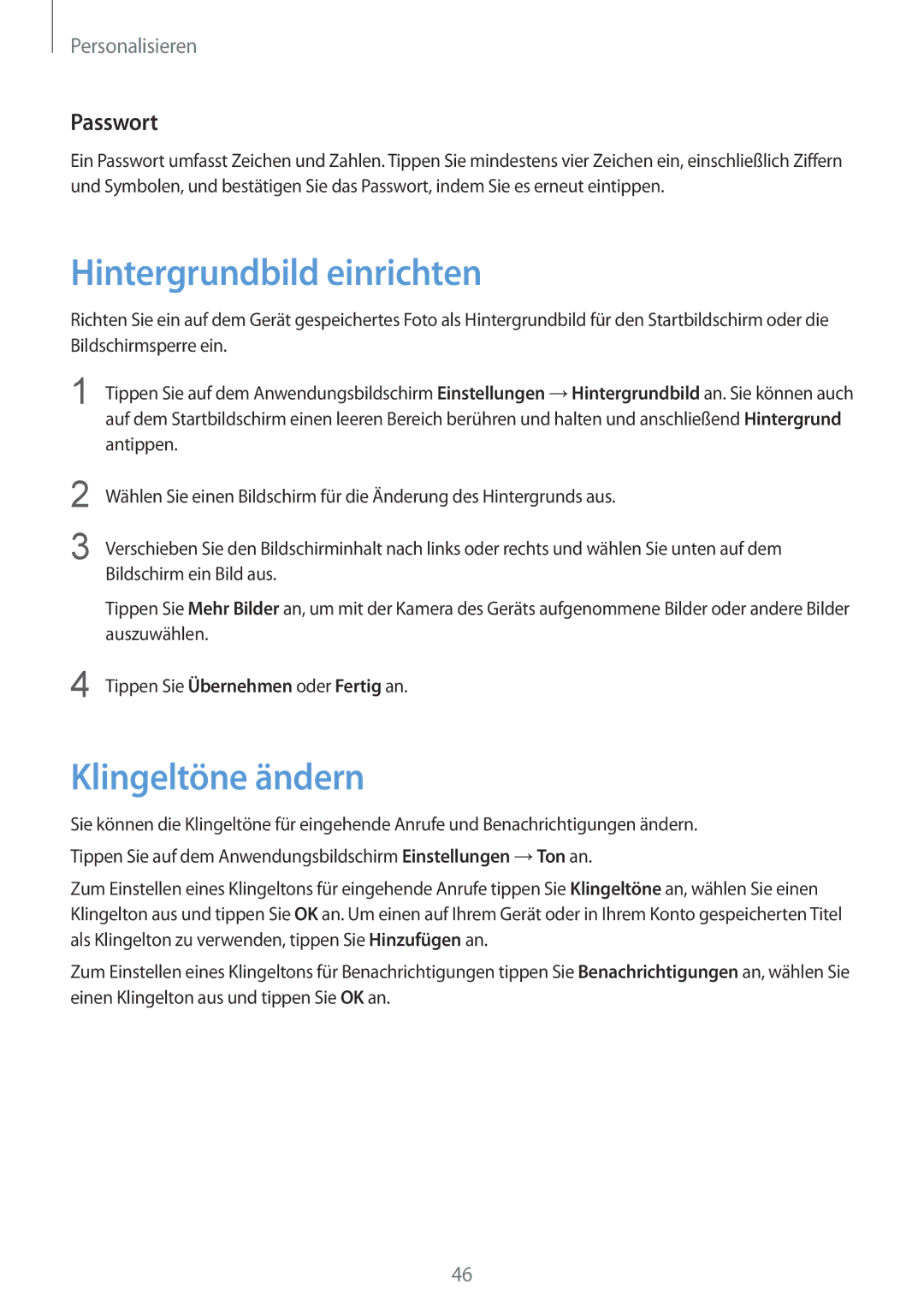 Samsung SM-G900FZWADBT, SM-G900FZKADBT, SM-G900FZBADBT manual Hintergrundbild einrichten, Klingeltöne ändern, Passwort 