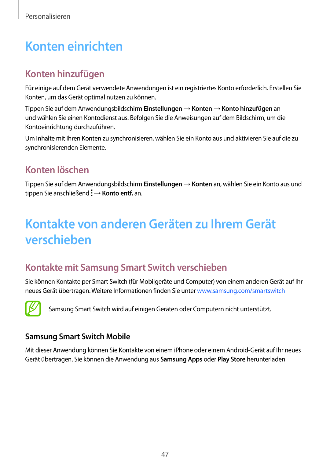 Samsung SM-G900FZDADBT manual Konten einrichten, Kontakte von anderen Geräten zu Ihrem Gerät verschieben, Konten hinzufügen 