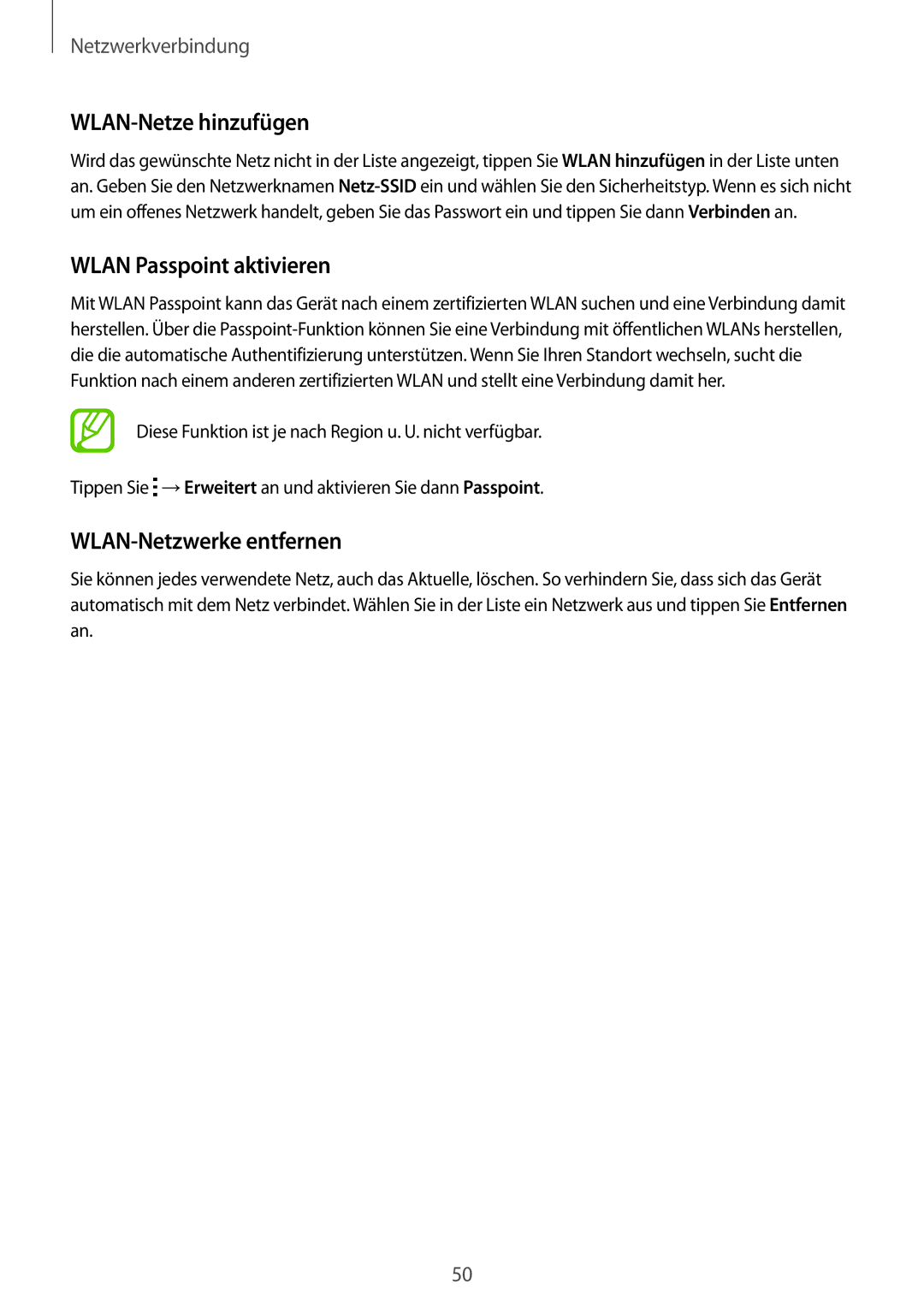 Samsung SM-G900FZWADBT, SM-G900FZKADBT manual WLAN-Netze hinzufügen, Wlan Passpoint aktivieren, WLAN-Netzwerke entfernen 