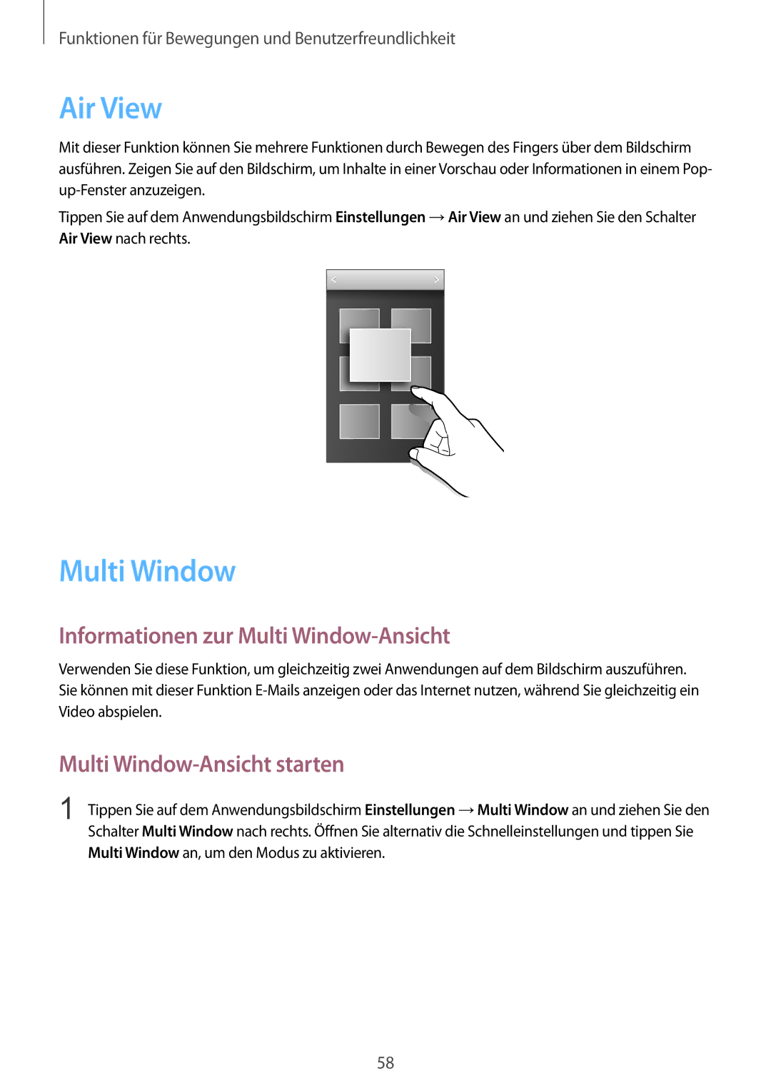 Samsung SM-G900FZWADBT, SM-G900FZKADBT Air View, Informationen zur Multi Window-Ansicht, Multi Window-Ansicht starten 