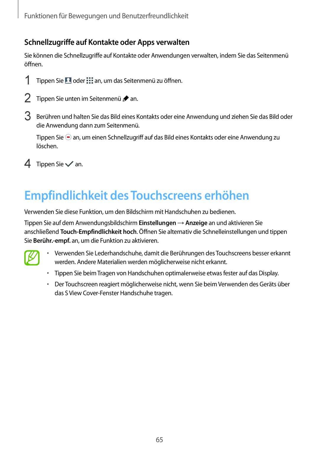 Samsung SM-G900FZBADBT manual Empfindlichkeit des Touchscreens erhöhen, Schnellzugriffe auf Kontakte oder Apps verwalten 