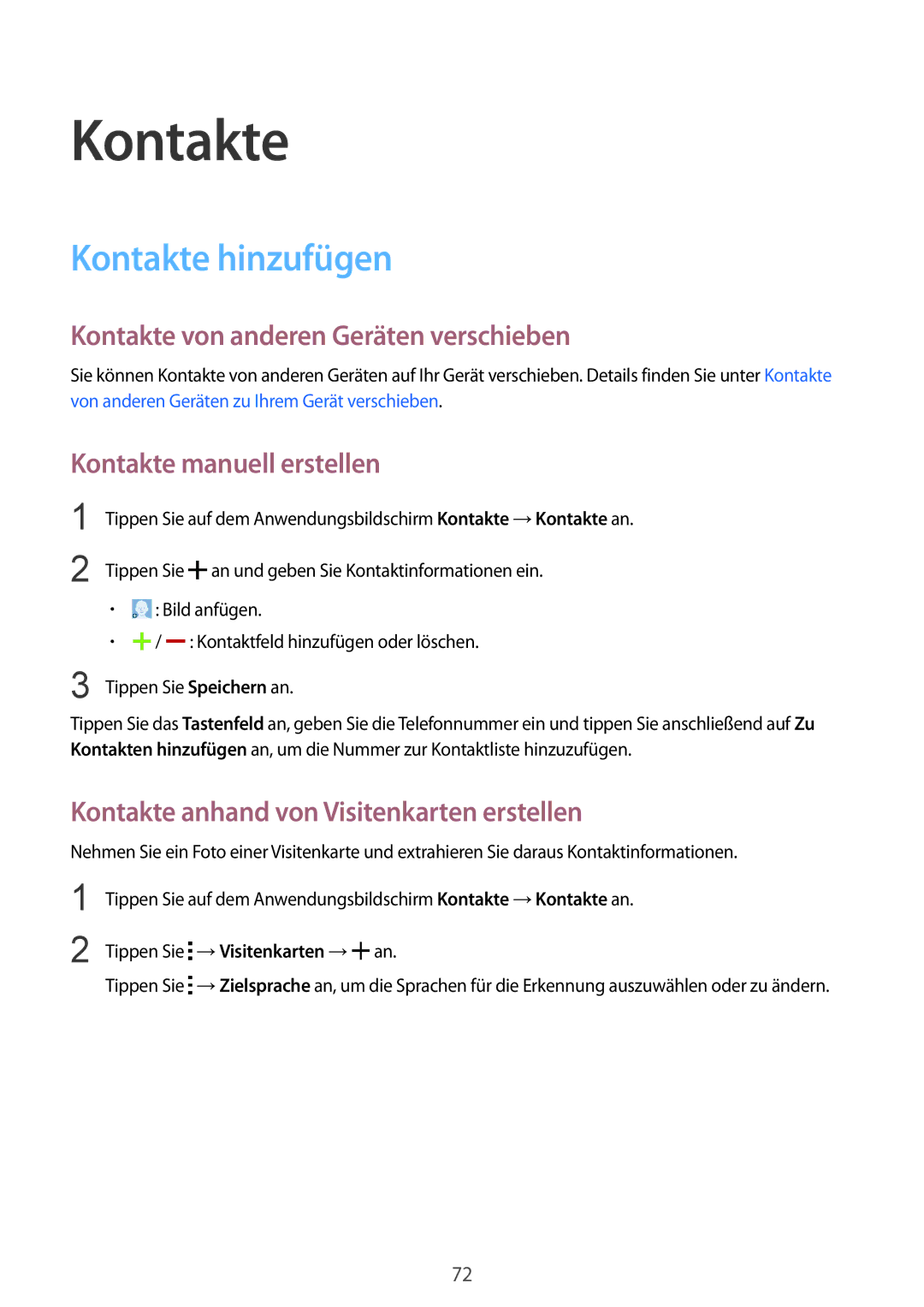 Samsung SM-G900FZKADBT manual Kontakte hinzufügen, Kontakte von anderen Geräten verschieben, Kontakte manuell erstellen 