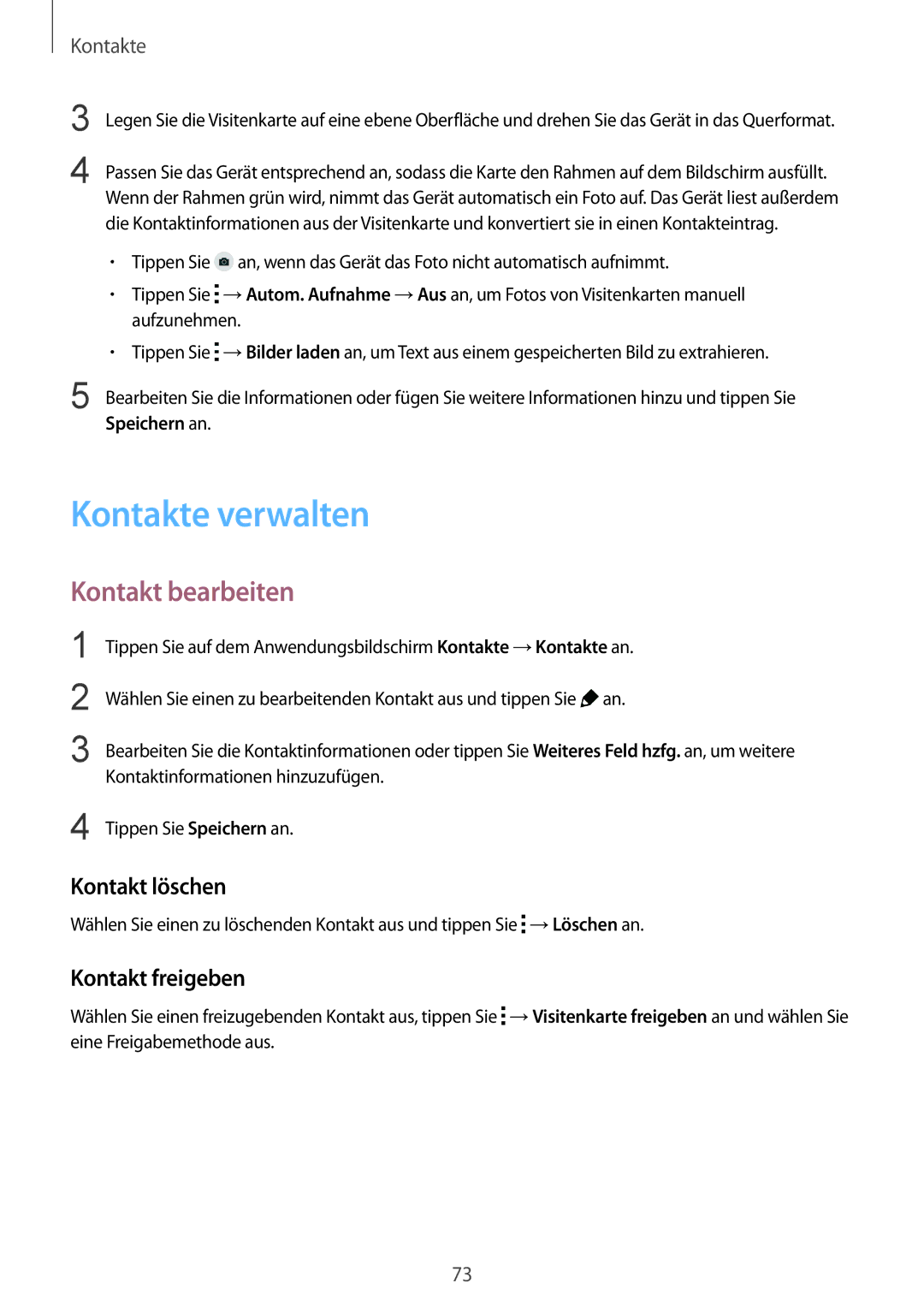 Samsung SM-G900FZBADBT, SM-G900FZKADBT manual Kontakte verwalten, Kontakt bearbeiten, Kontakt löschen, Kontakt freigeben 