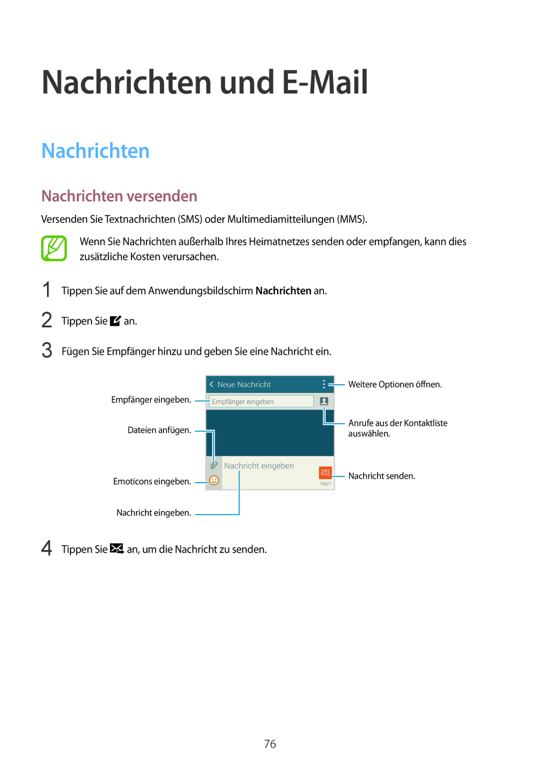 Samsung SM-G900FZKADBT, SM-G900FZBADBT, SM-G900FZWADBT, SM-G900FZDADBT manual Nachrichten und E-Mail, Nachrichten versenden 