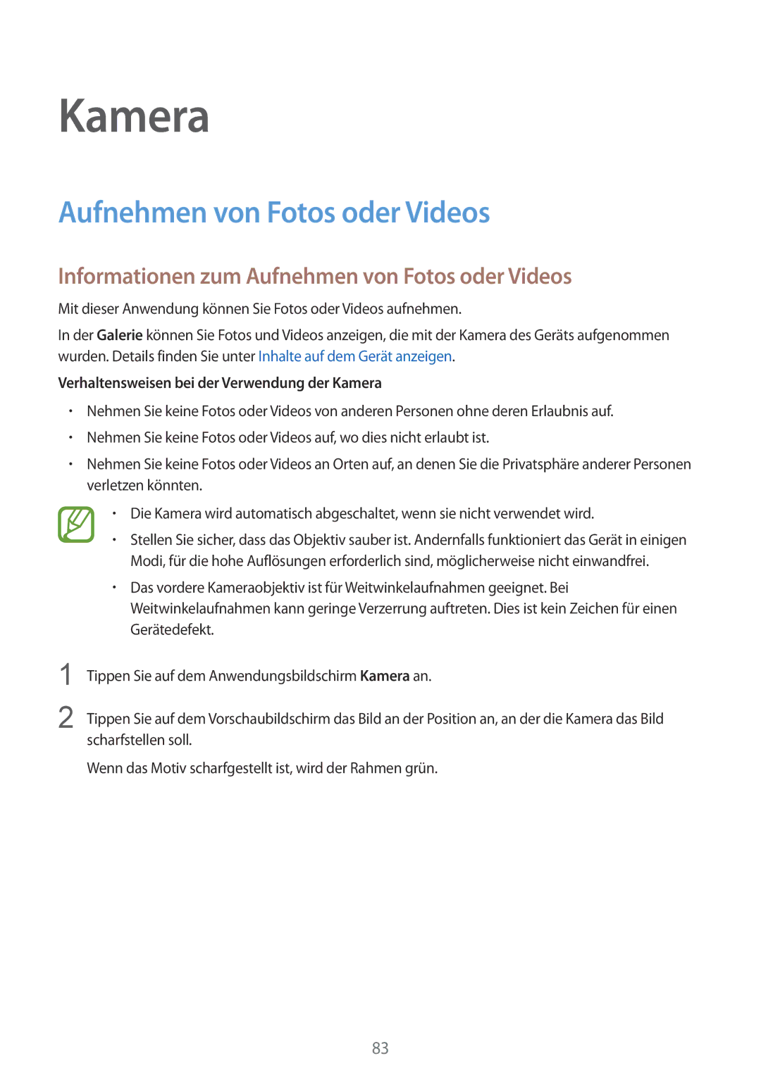 Samsung SM-G900FZDADBT, SM-G900FZKADBT, SM-G900FZBADBT manual Kamera, Informationen zum Aufnehmen von Fotos oder Videos 