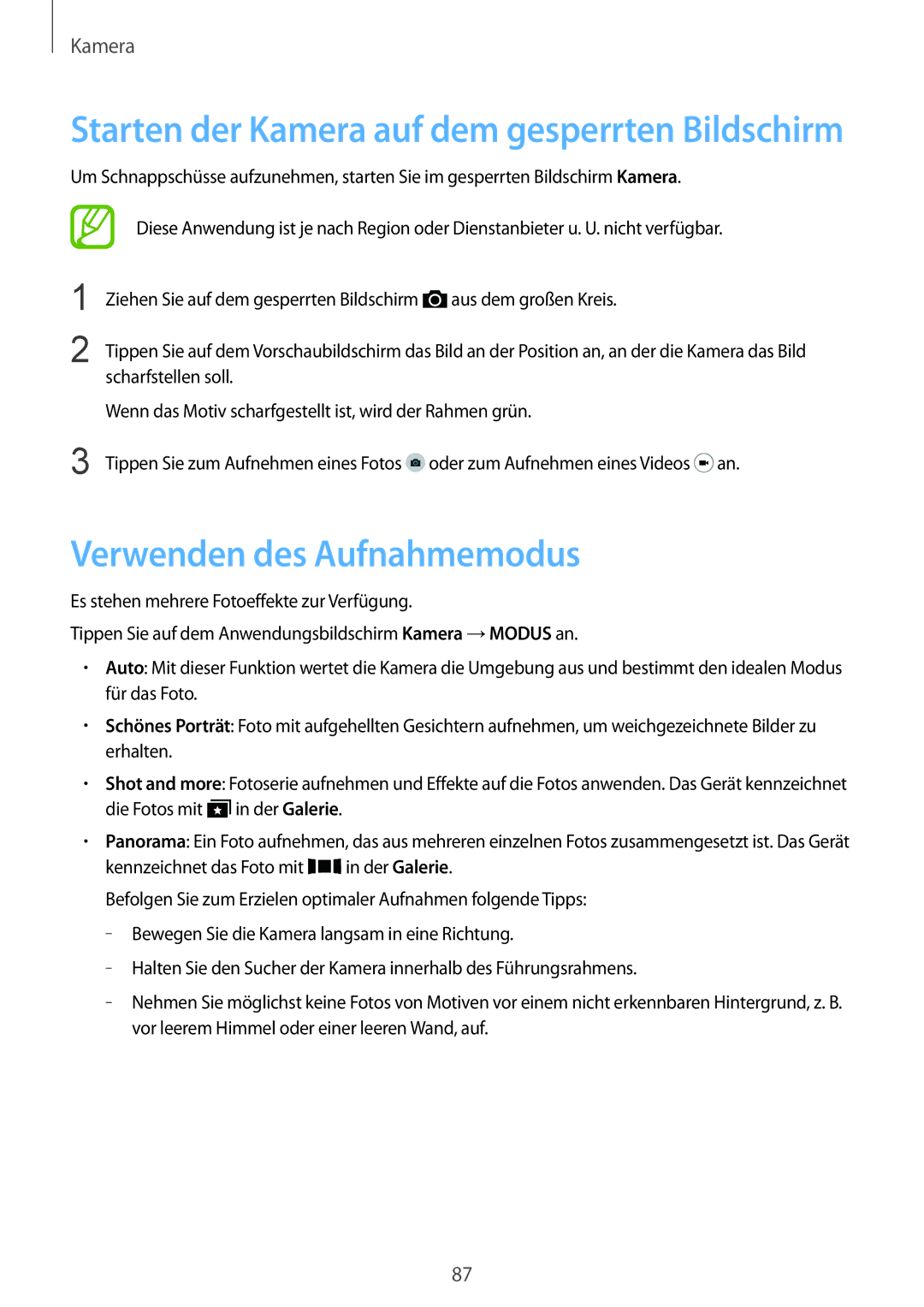 Samsung SM-G900FZDADBT, SM-G900FZKADBT manual Verwenden des Aufnahmemodus, Starten der Kamera auf dem gesperrten Bildschirm 