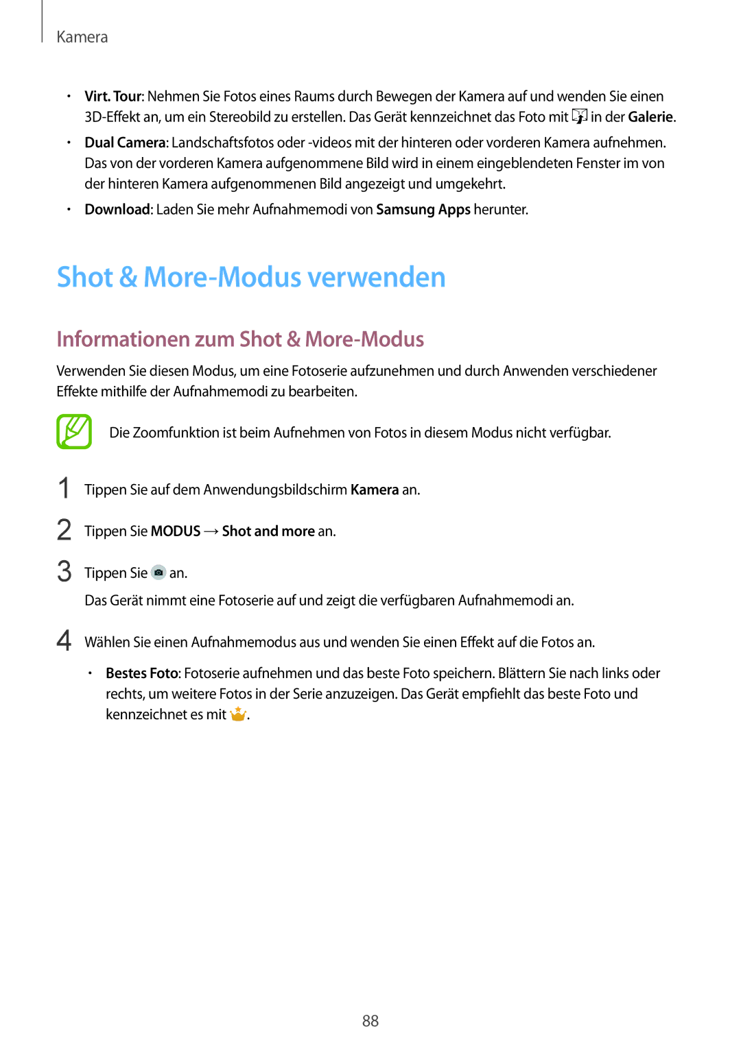 Samsung SM-G900FZKADBT, SM-G900FZBADBT, SM-G900FZWADBT Shot & More-Modus verwenden, Informationen zum Shot & More-Modus 