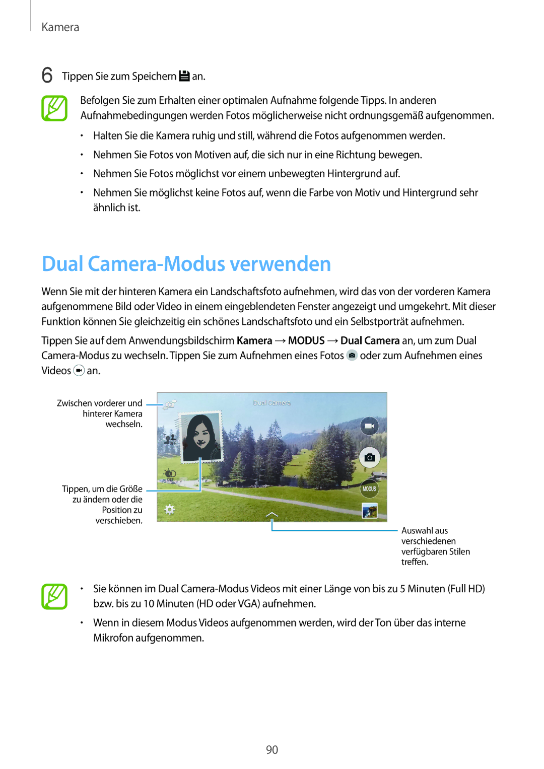Samsung SM-G900FZWADBT, SM-G900FZKADBT, SM-G900FZBADBT manual Dual Camera-Modus verwenden, Tippen Sie zum Speichern an 