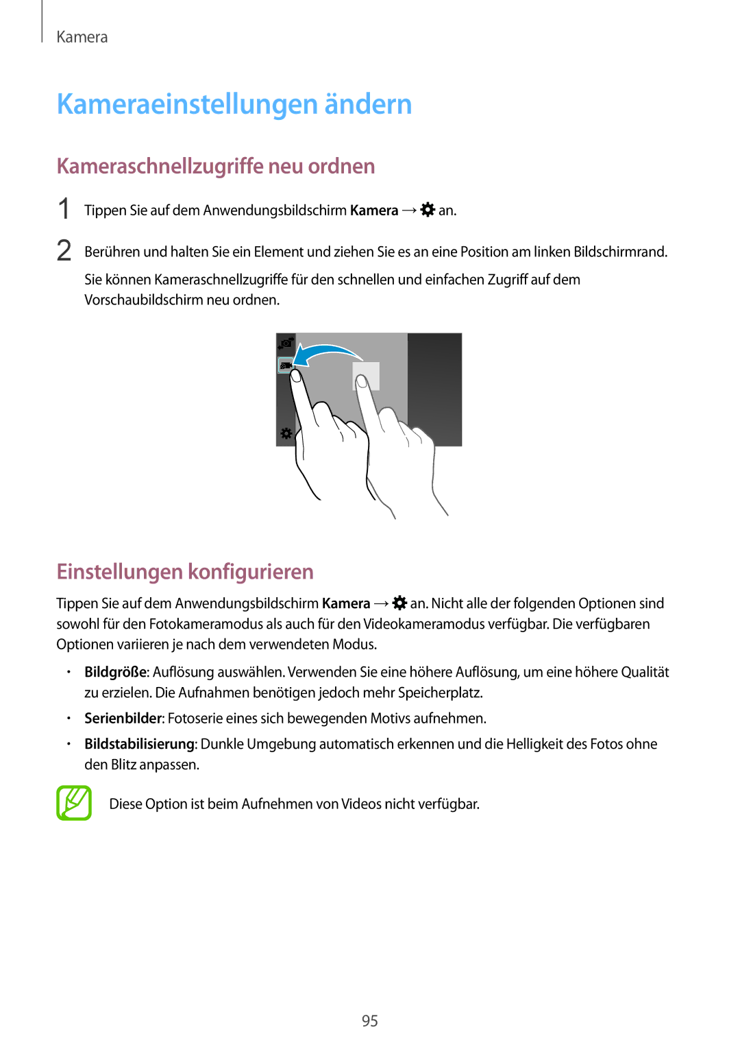 Samsung SM-G900FZDADBT manual Kameraeinstellungen ändern, Kameraschnellzugriffe neu ordnen, Einstellungen konfigurieren 