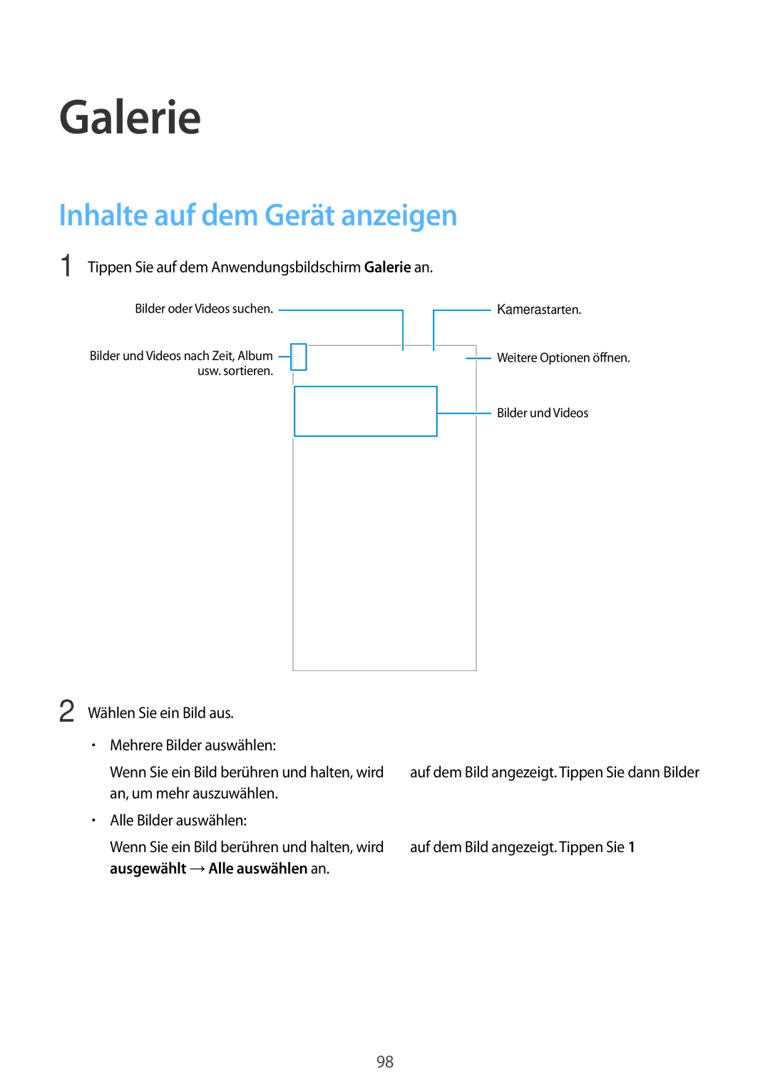 Samsung SM-G900FZWADBT, SM-G900FZKADBT, SM-G900FZBADBT, SM-G900FZDADBT manual Galerie, Inhalte auf dem Gerät anzeigen 