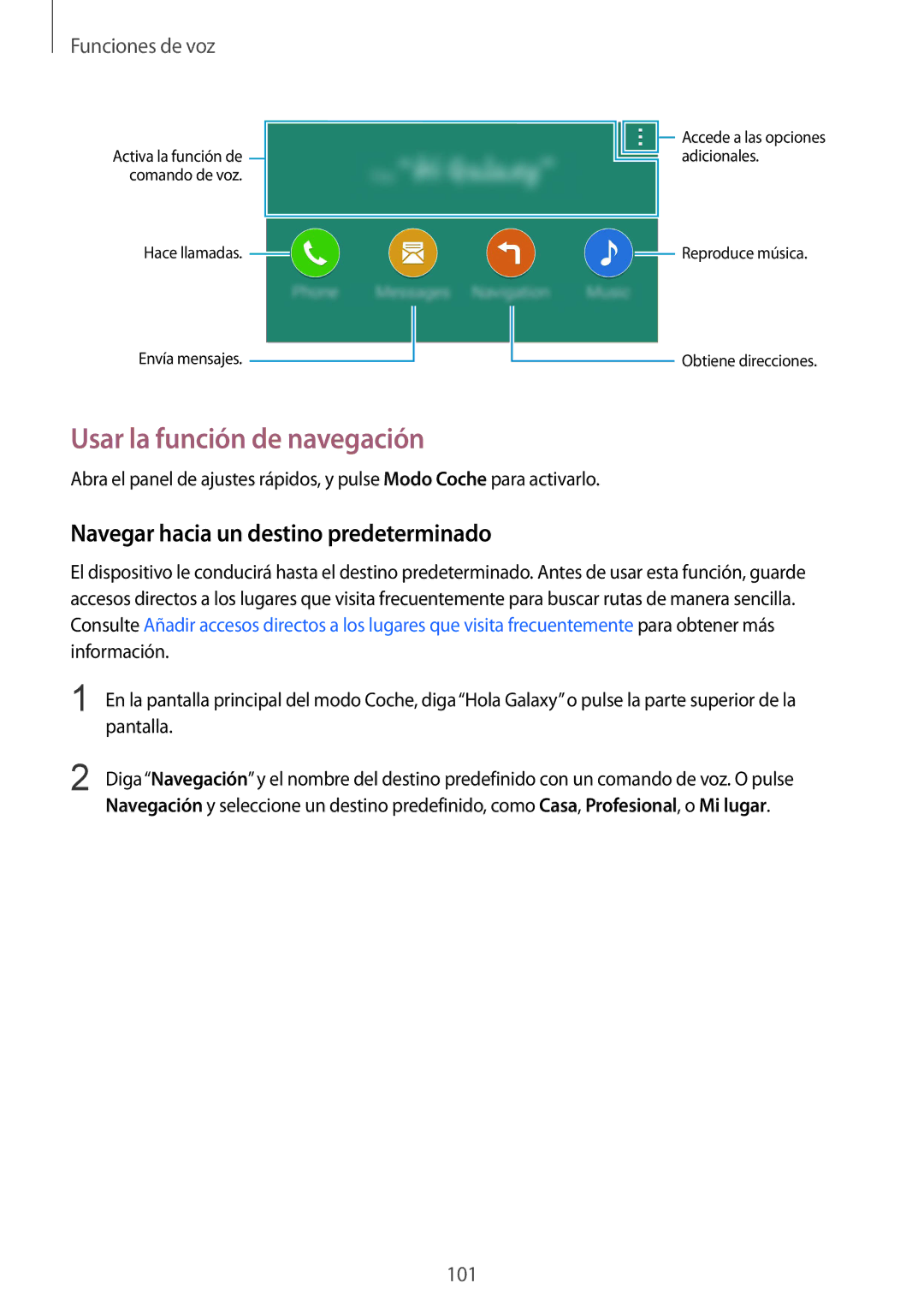 Samsung SM-G900FZKAATL, SM-G900FZKADBT manual Usar la función de navegación, Navegar hacia un destino predeterminado 