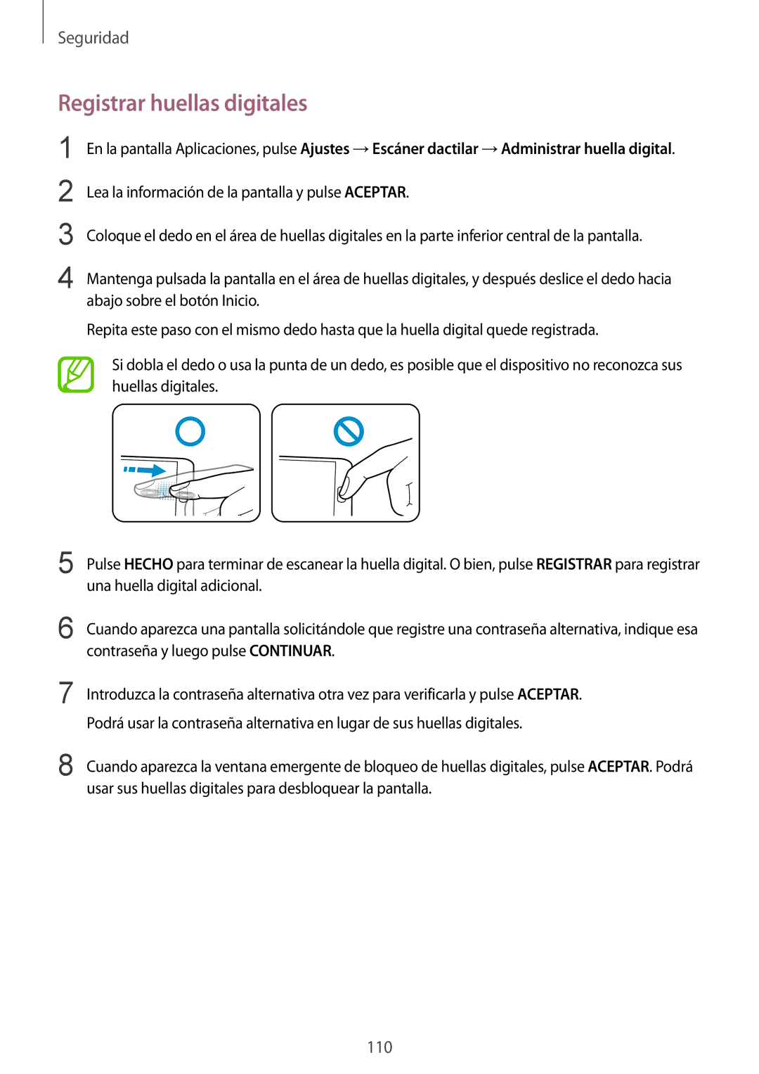 Samsung SM-G900FZWAYOG, SM-G900FZKADBT, SM-G900FZWADBT, SM-G900FZBAXEF, SM-G900FZWAXEF manual Registrar huellas digitales 