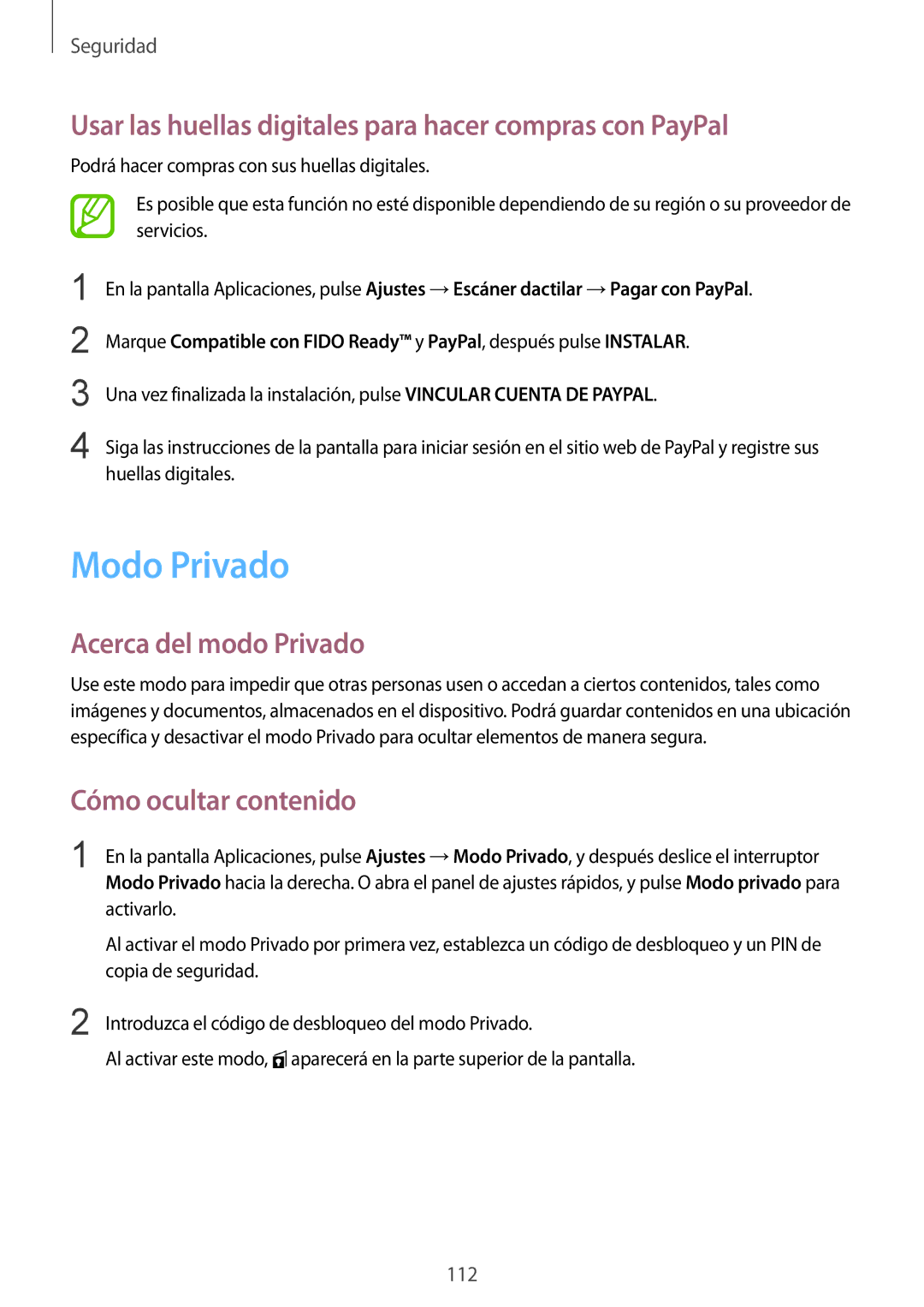 Samsung SM-G900FZWABTU Modo Privado, Usar las huellas digitales para hacer compras con PayPal, Acerca del modo Privado 