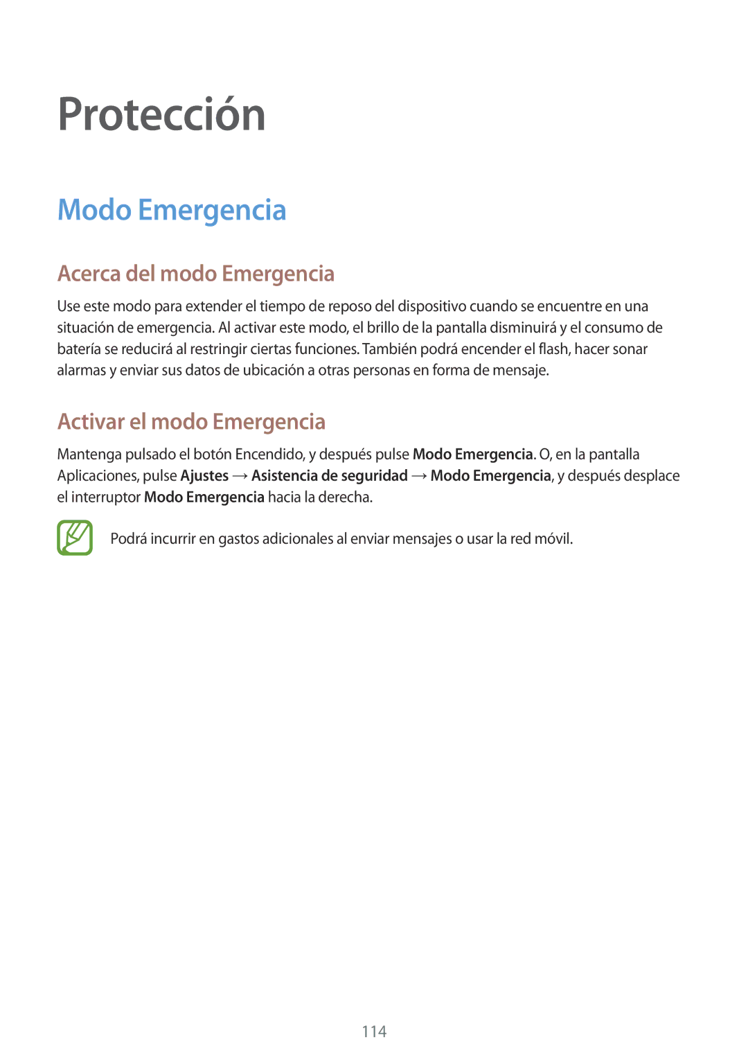 Samsung SM-G900FZDAROM, SM-G900FZKADBT Protección, Modo Emergencia, Acerca del modo Emergencia, Activar el modo Emergencia 