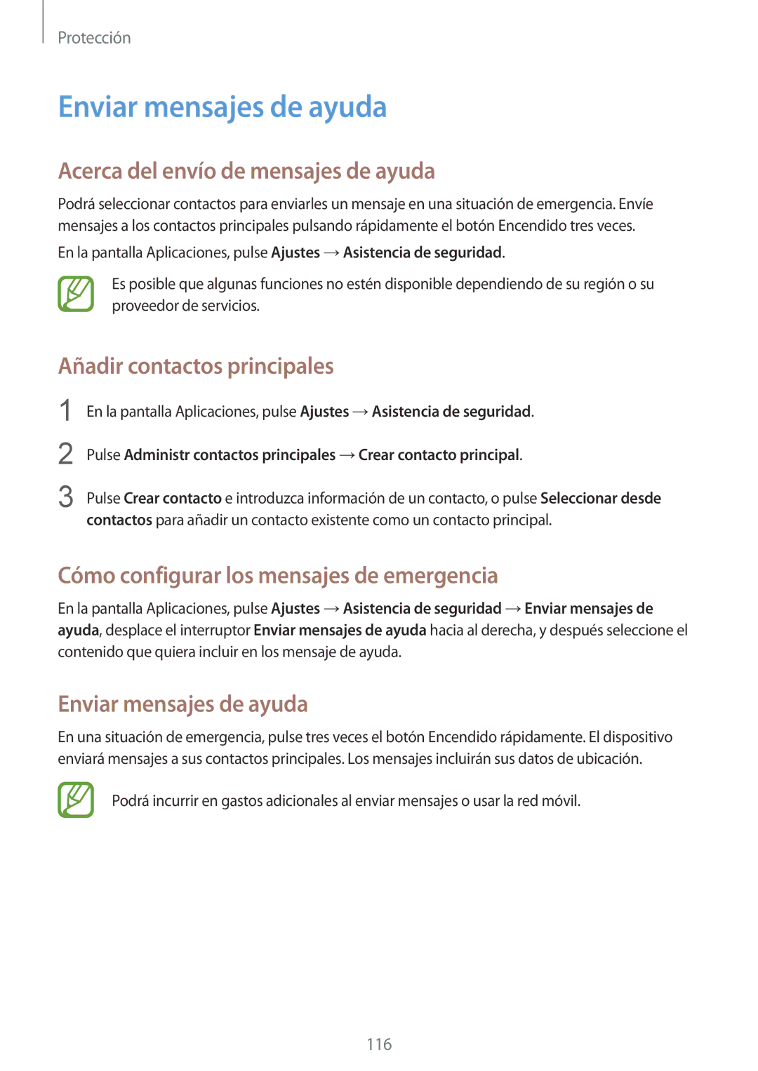 Samsung SM-G900FZKAXEC manual Enviar mensajes de ayuda, Acerca del envío de mensajes de ayuda, Añadir contactos principales 