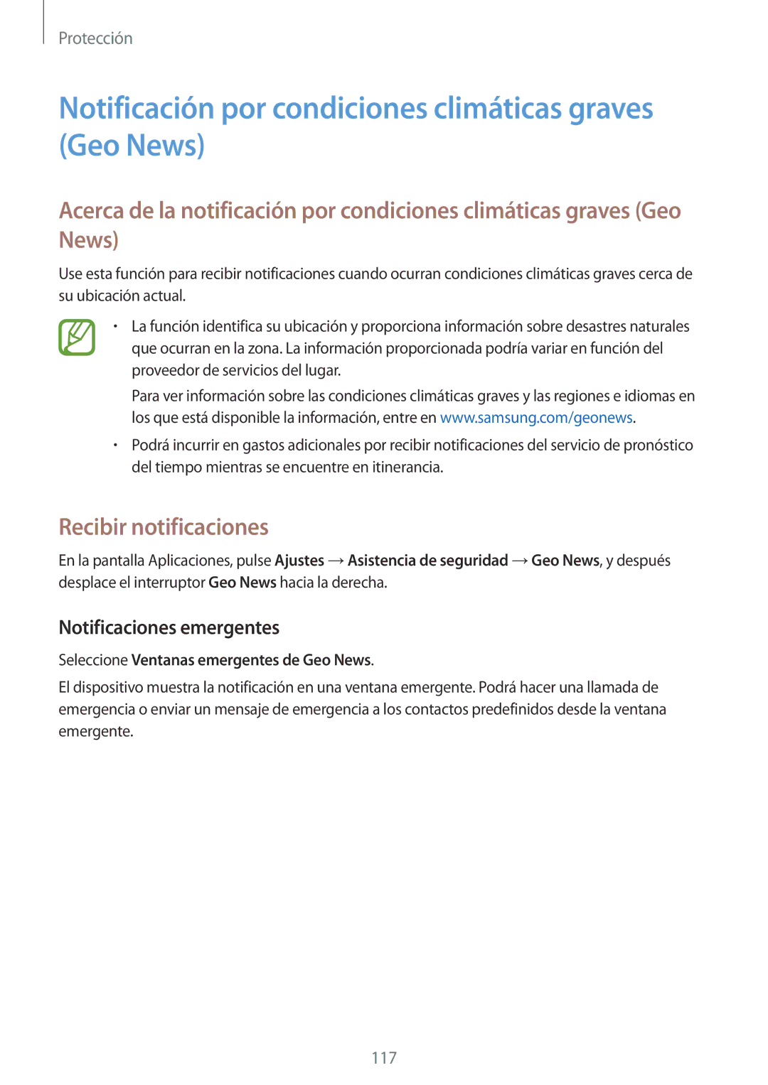 Samsung SM-G900FZDAXEH, SM-G900FZKADBT Notificación por condiciones climáticas graves Geo News, Recibir notificaciones 