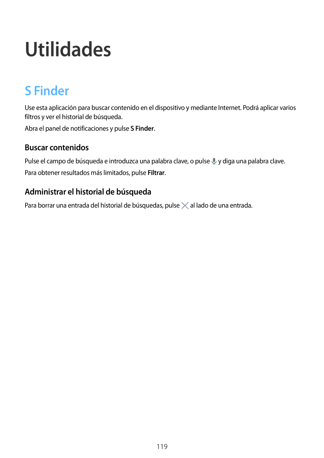 Samsung SM-G900FZWAXEC, SM-G900FZKADBT manual Utilidades, Finder, Buscar contenidos, Administrar el historial de búsqueda 