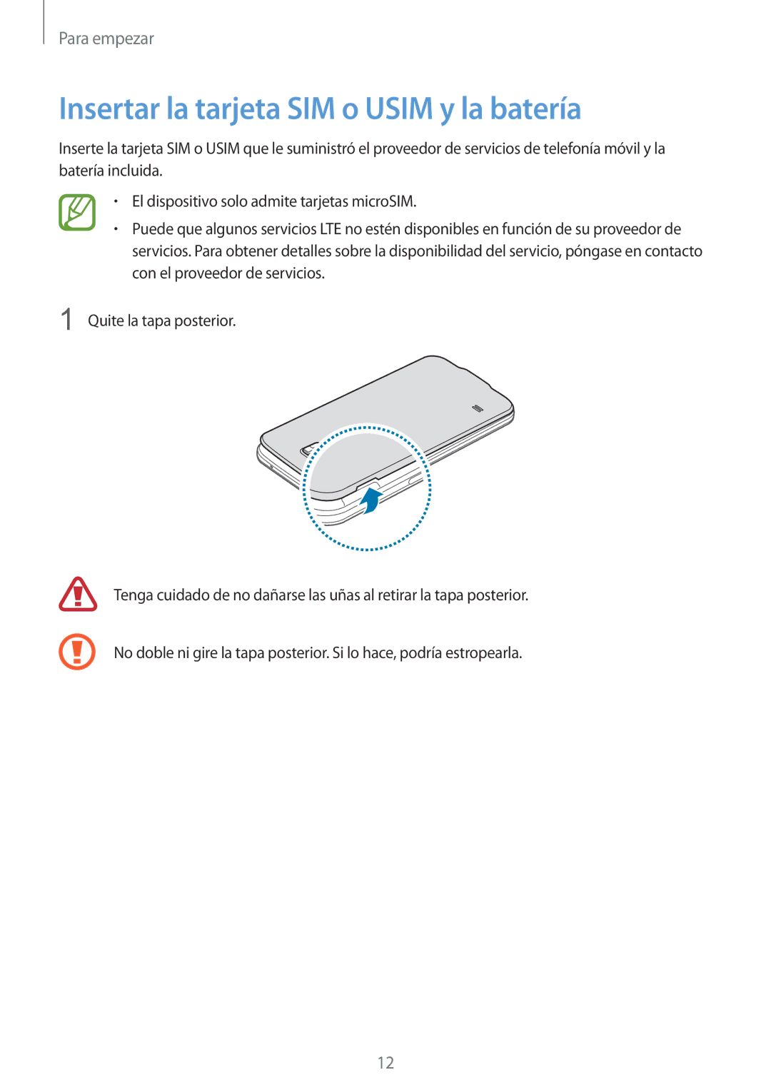 Samsung SM-G900FZKAXEO, SM-G900FZKADBT, SM-G900FZWADBT, SM-G900FZBAXEF manual Insertar la tarjeta SIM o Usim y la batería 