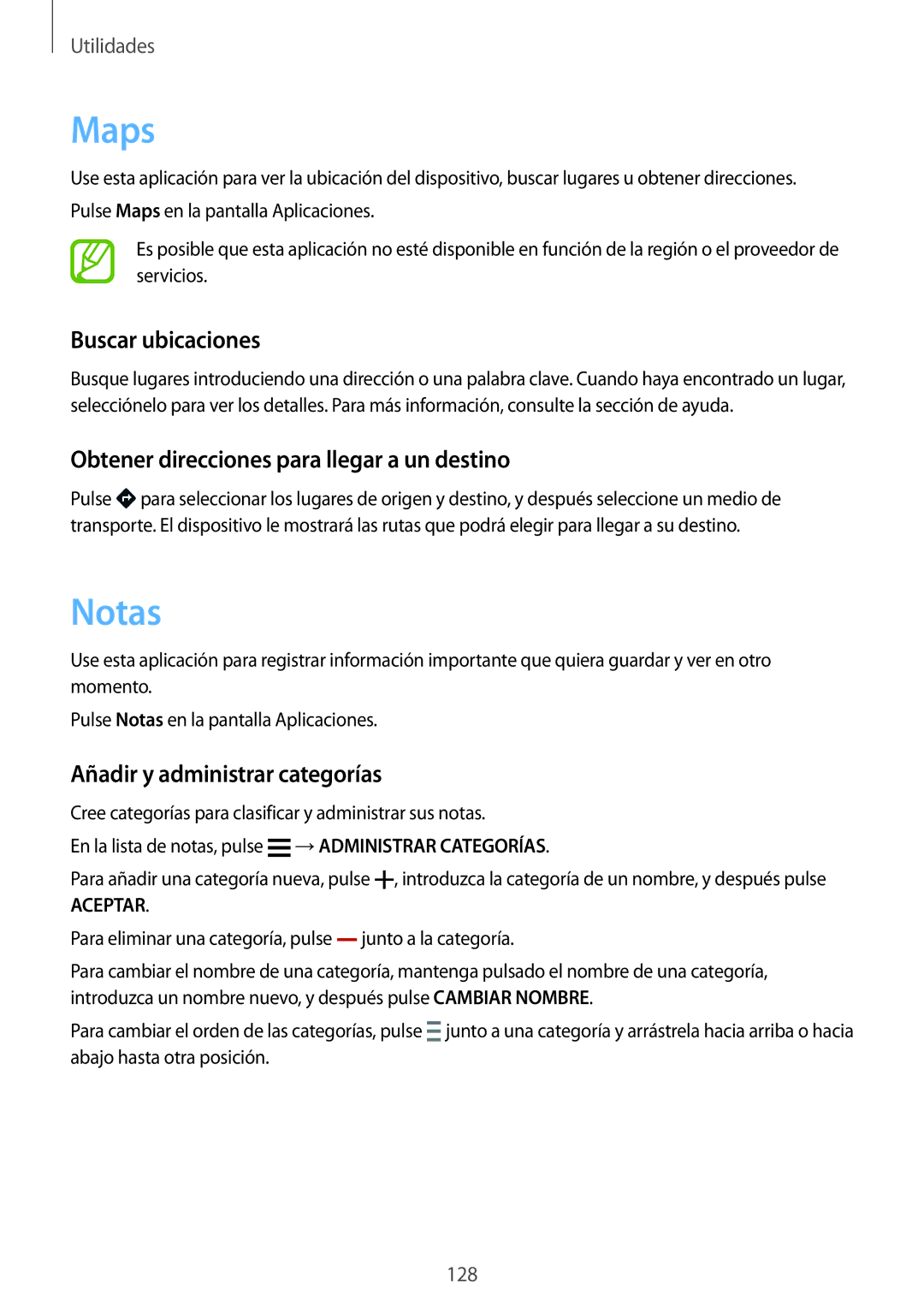 Samsung SM-G900FZWASFR, SM-G900FZKADBT manual Maps, Notas, Buscar ubicaciones, Obtener direcciones para llegar a un destino 