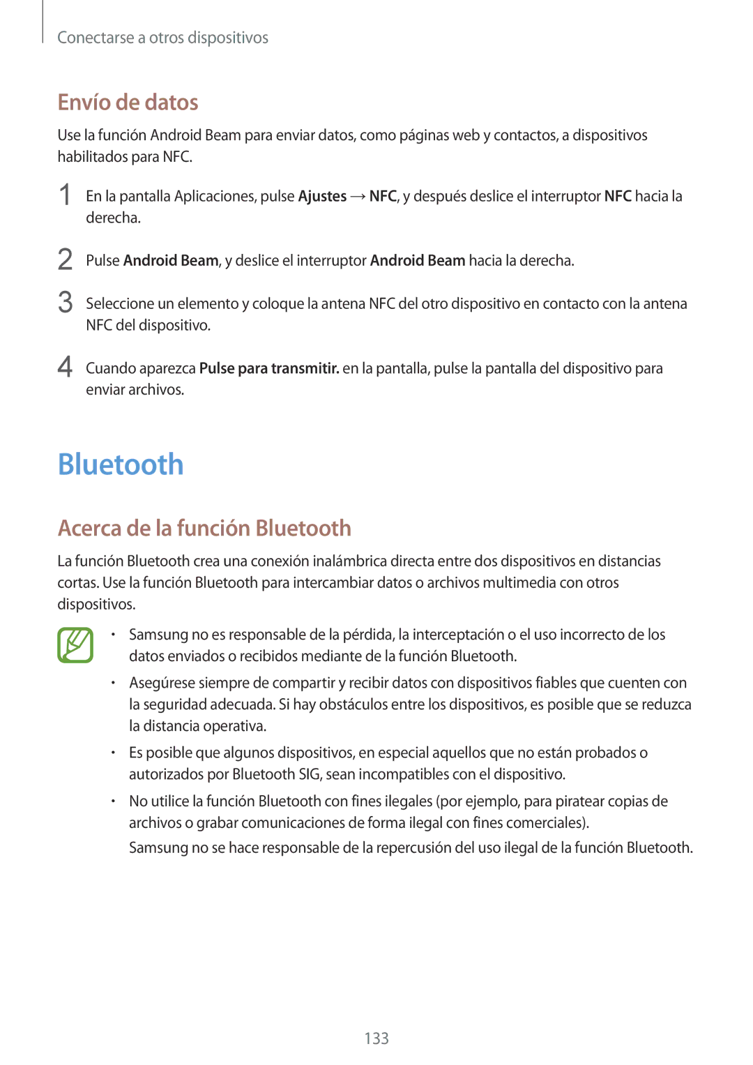 Samsung SM-G900FZKAOMN, SM-G900FZKADBT, SM-G900FZWADBT, SM-G900FZBAXEF Envío de datos, Acerca de la función Bluetooth 