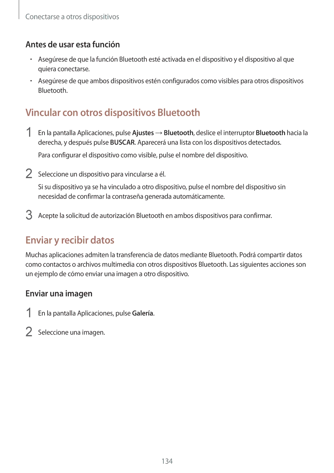 Samsung SM-G900FZKAXEO manual Vincular con otros dispositivos Bluetooth, Enviar y recibir datos, Enviar una imagen 