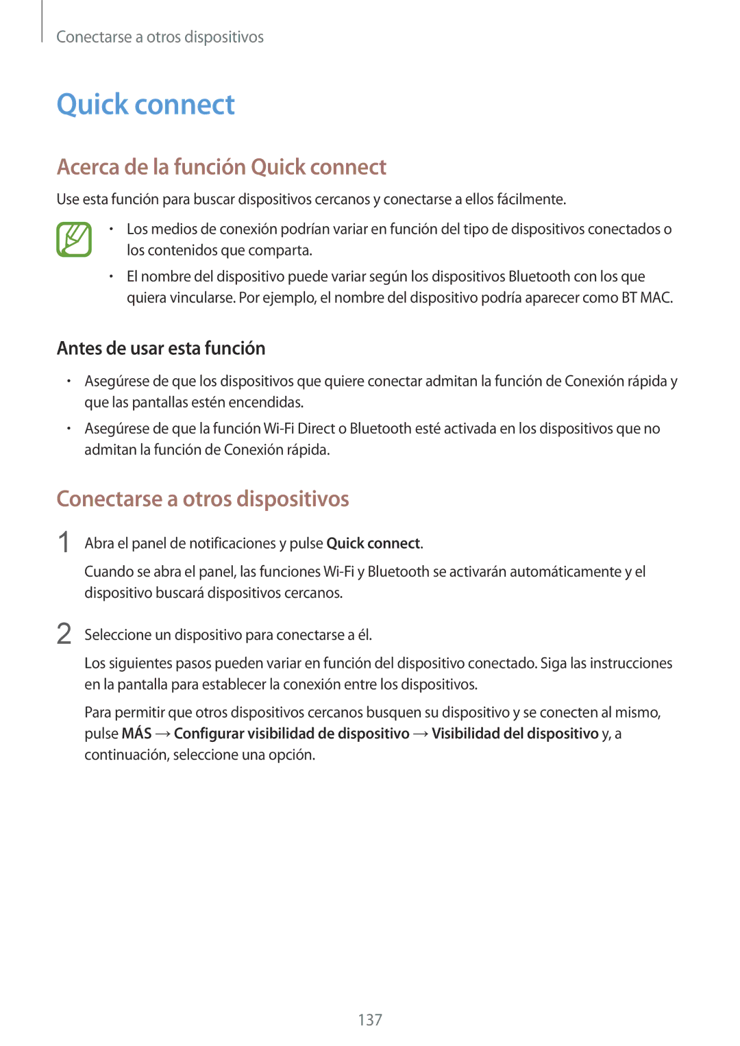 Samsung SM-G900FZWAAUT, SM-G900FZKADBT manual Acerca de la función Quick connect, Conectarse a otros dispositivos 