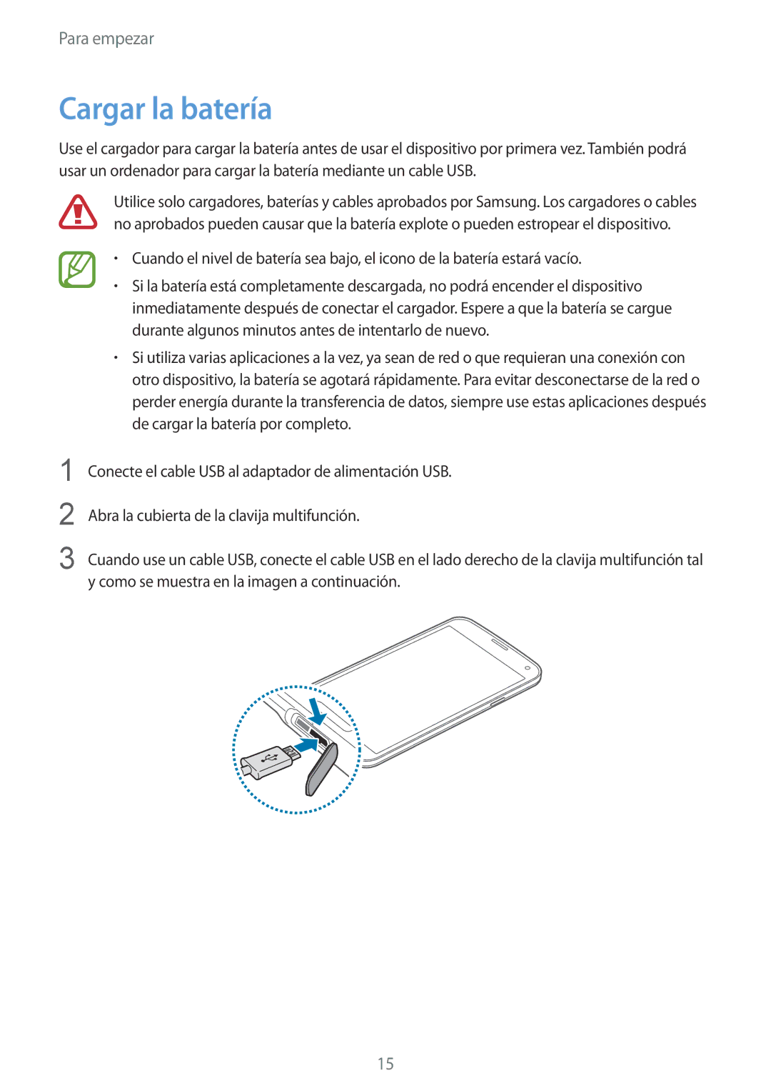 Samsung SM-G900FZWAAUT, SM-G900FZKADBT, SM-G900FZWADBT, SM-G900FZBAXEF, SM-G900FZWAXEF, SM-G900FZDAXEF manual Cargar la batería 