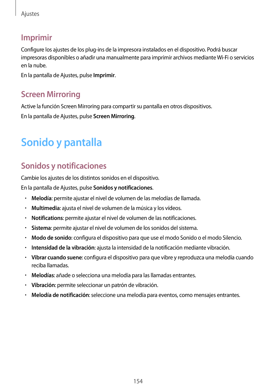 Samsung SM-G900FZKAROM, SM-G900FZKADBT manual Sonido y pantalla, Imprimir, Screen Mirroring, Sonidos y notificaciones 