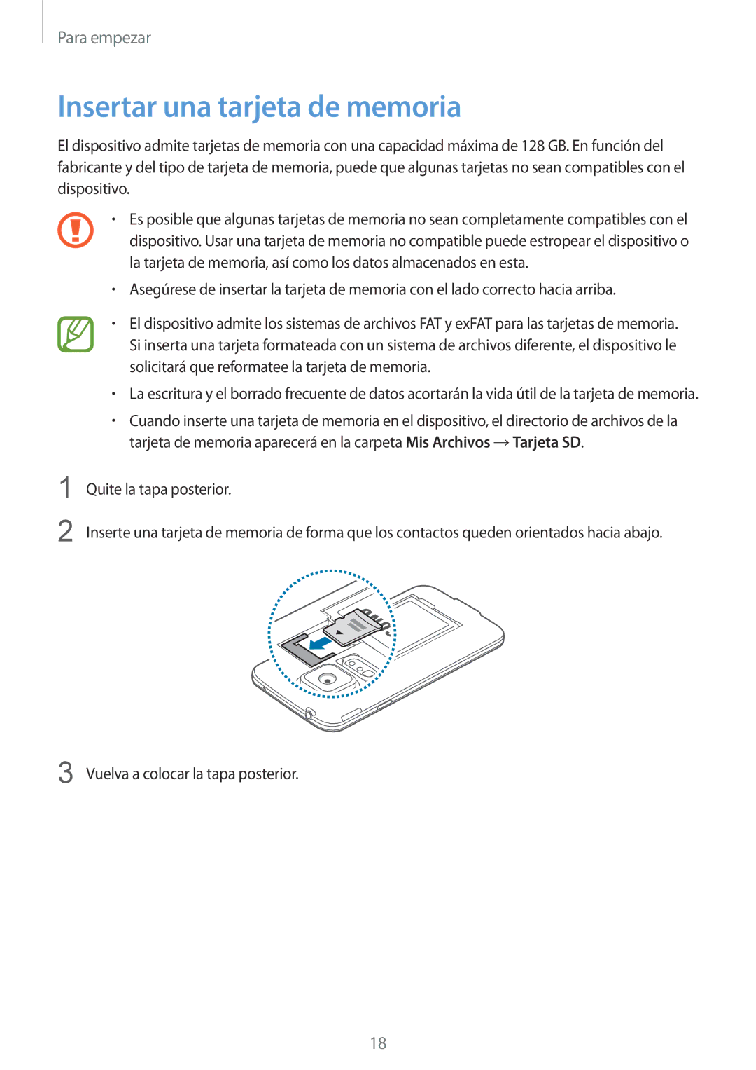 Samsung SM-G900FZKAAUT, SM-G900FZKADBT, SM-G900FZWADBT, SM-G900FZBAXEF, SM-G900FZWAXEF manual Insertar una tarjeta de memoria 