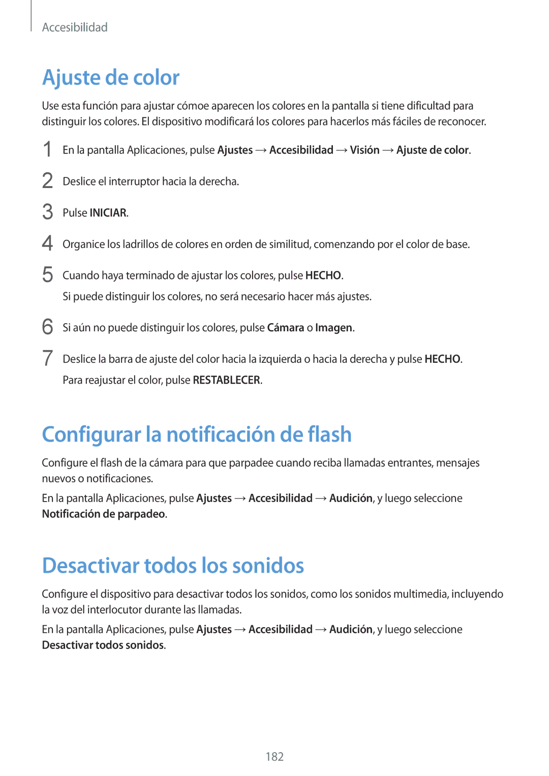 Samsung SM-G900FZKAEUR, SM-G900FZKADBT Ajuste de color, Configurar la notificación de flash, Desactivar todos los sonidos 