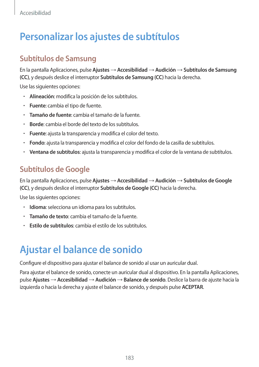 Samsung SM-G900FZKADBT manual Personalizar los ajustes de subtítulos, Ajustar el balance de sonido, Subtítulos de Samsung 