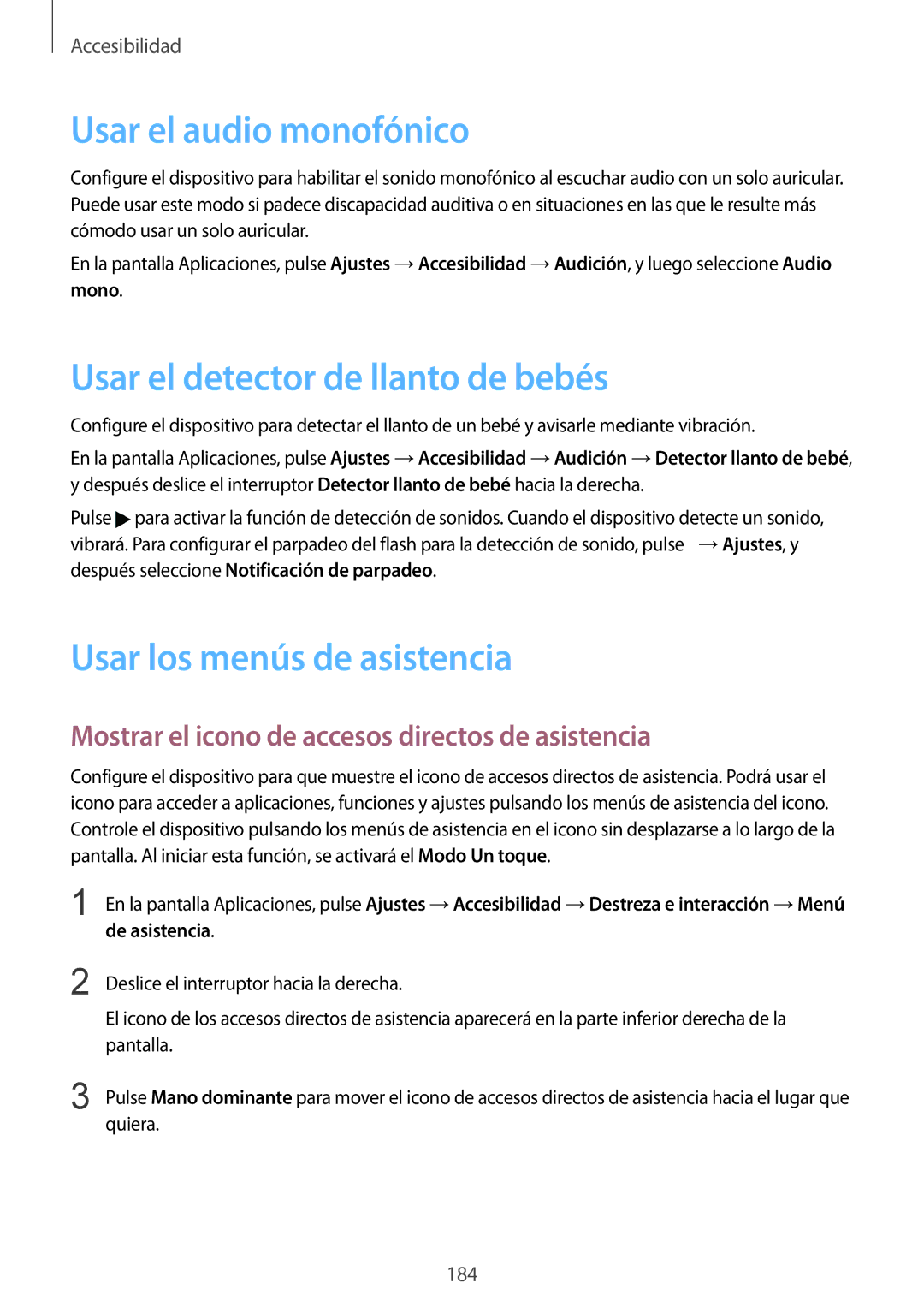 Samsung SM-G900FZWADBT manual Usar el audio monofónico, Usar el detector de llanto de bebés, Usar los menús de asistencia 