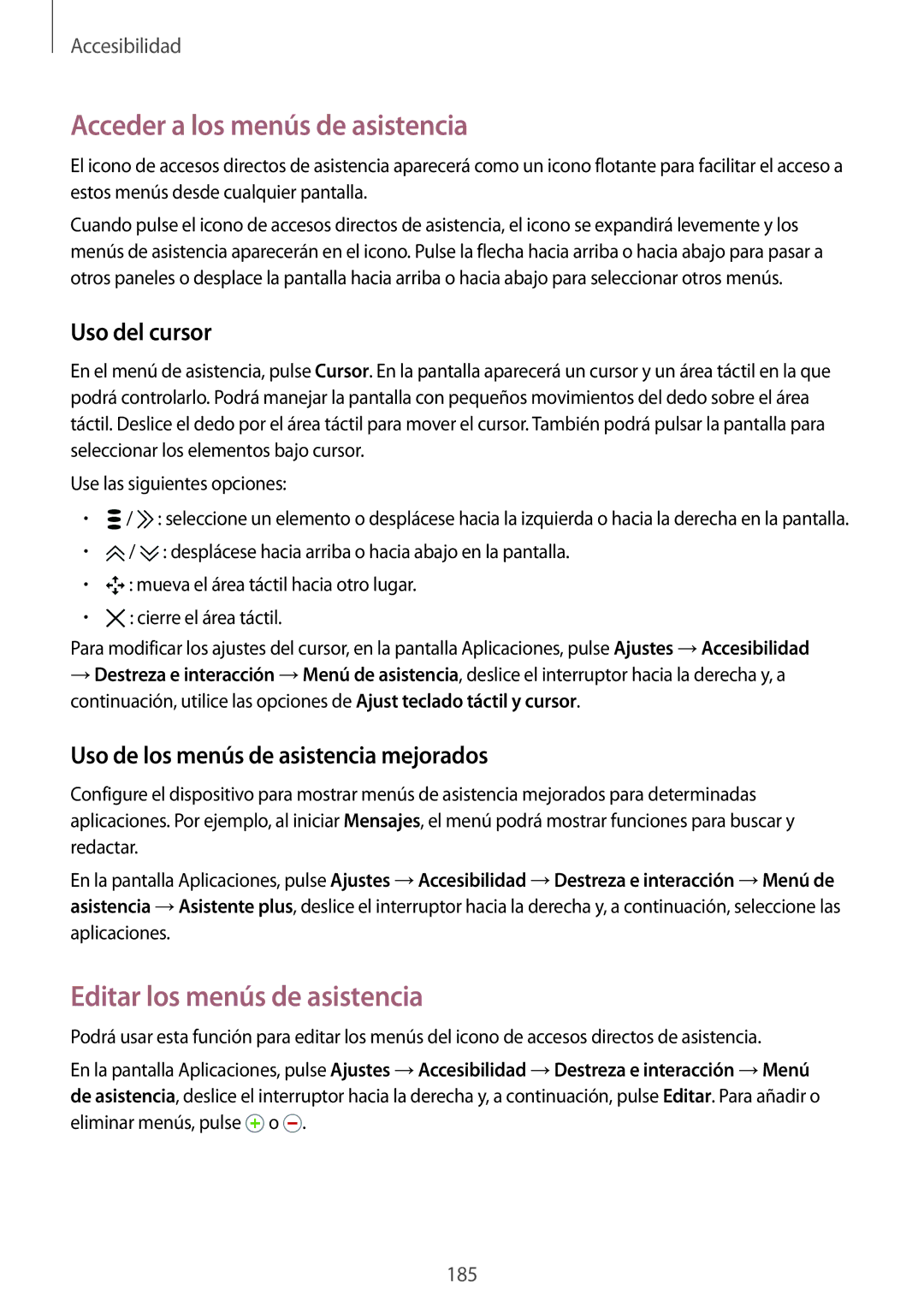 Samsung SM-G900FZBAXEF, SM-G900FZKADBT Acceder a los menús de asistencia, Editar los menús de asistencia, Uso del cursor 