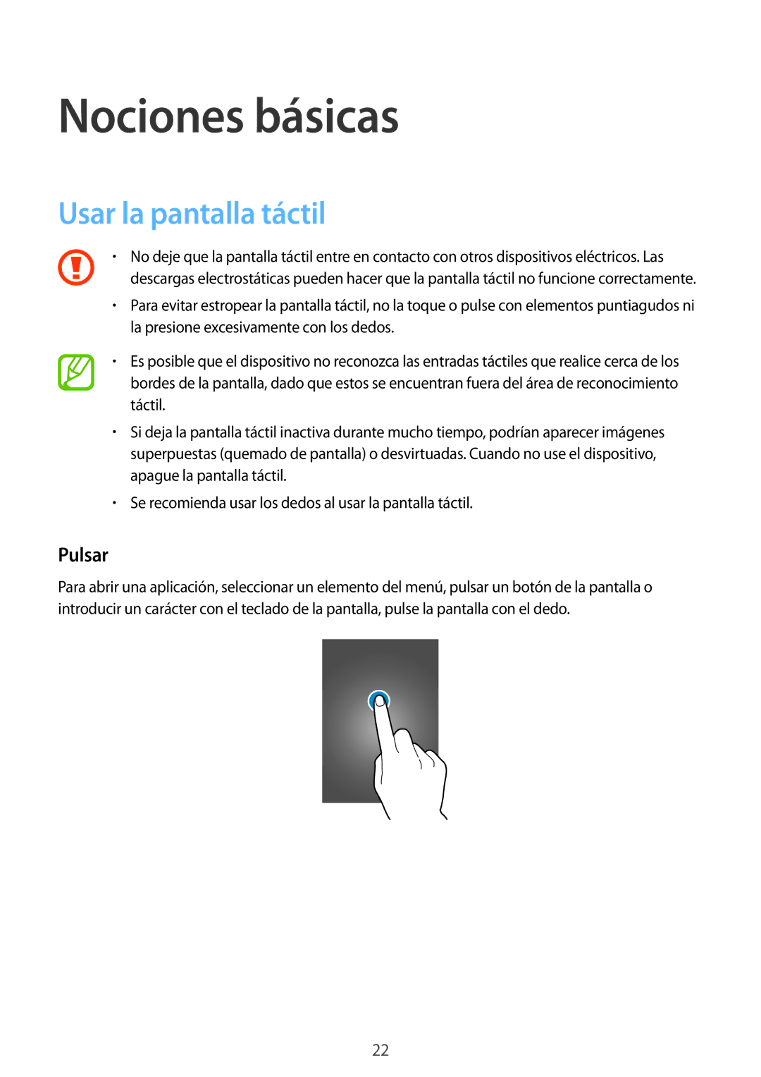Samsung SM-G900FZWAITV, SM-G900FZKADBT, SM-G900FZWADBT, SM-G900FZBAXEF Nociones básicas, Usar la pantalla táctil, Pulsar 