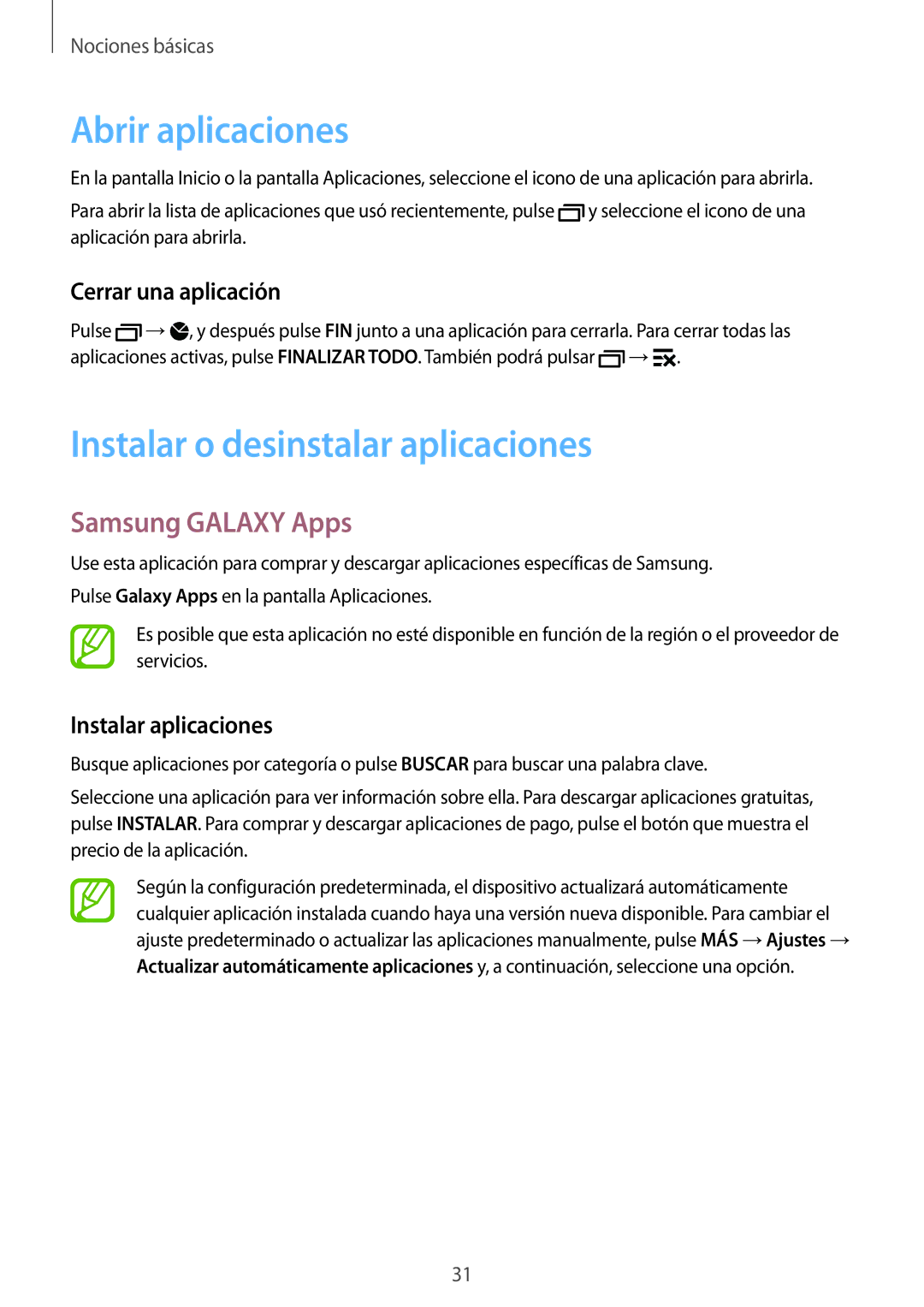 Samsung SM-G900FZBAPHE Abrir aplicaciones, Instalar o desinstalar aplicaciones, Samsung Galaxy Apps, Cerrar una aplicación 