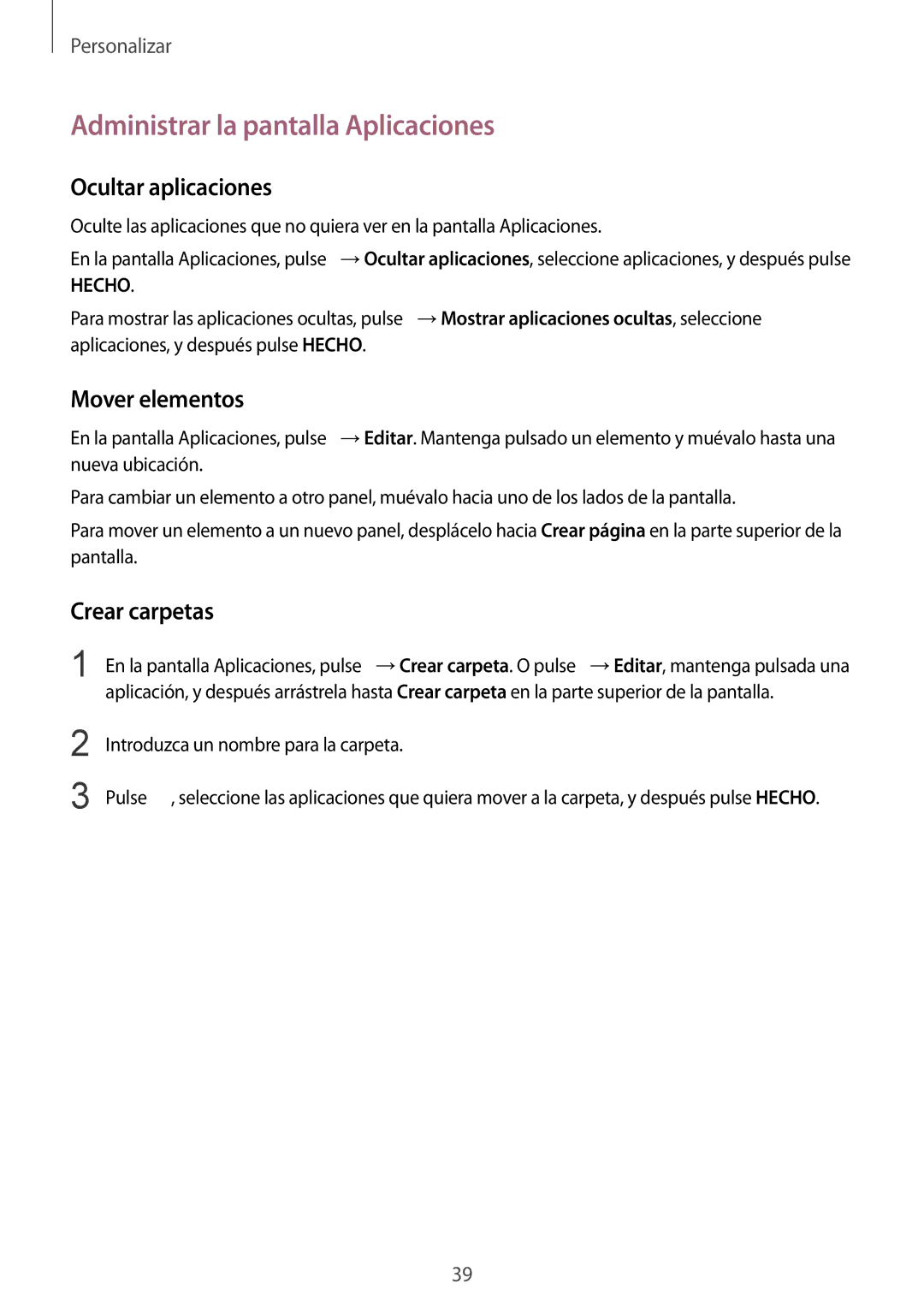 Samsung SM-G900FZKAMWD manual Administrar la pantalla Aplicaciones, Ocultar aplicaciones, Mover elementos, Crear carpetas 