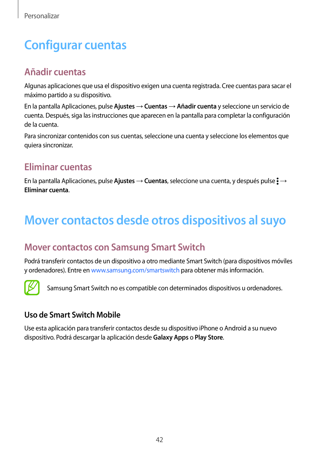 Samsung SM-G900FZBAXEC Configurar cuentas, Añadir cuentas, Eliminar cuentas, Mover contactos con Samsung Smart Switch 