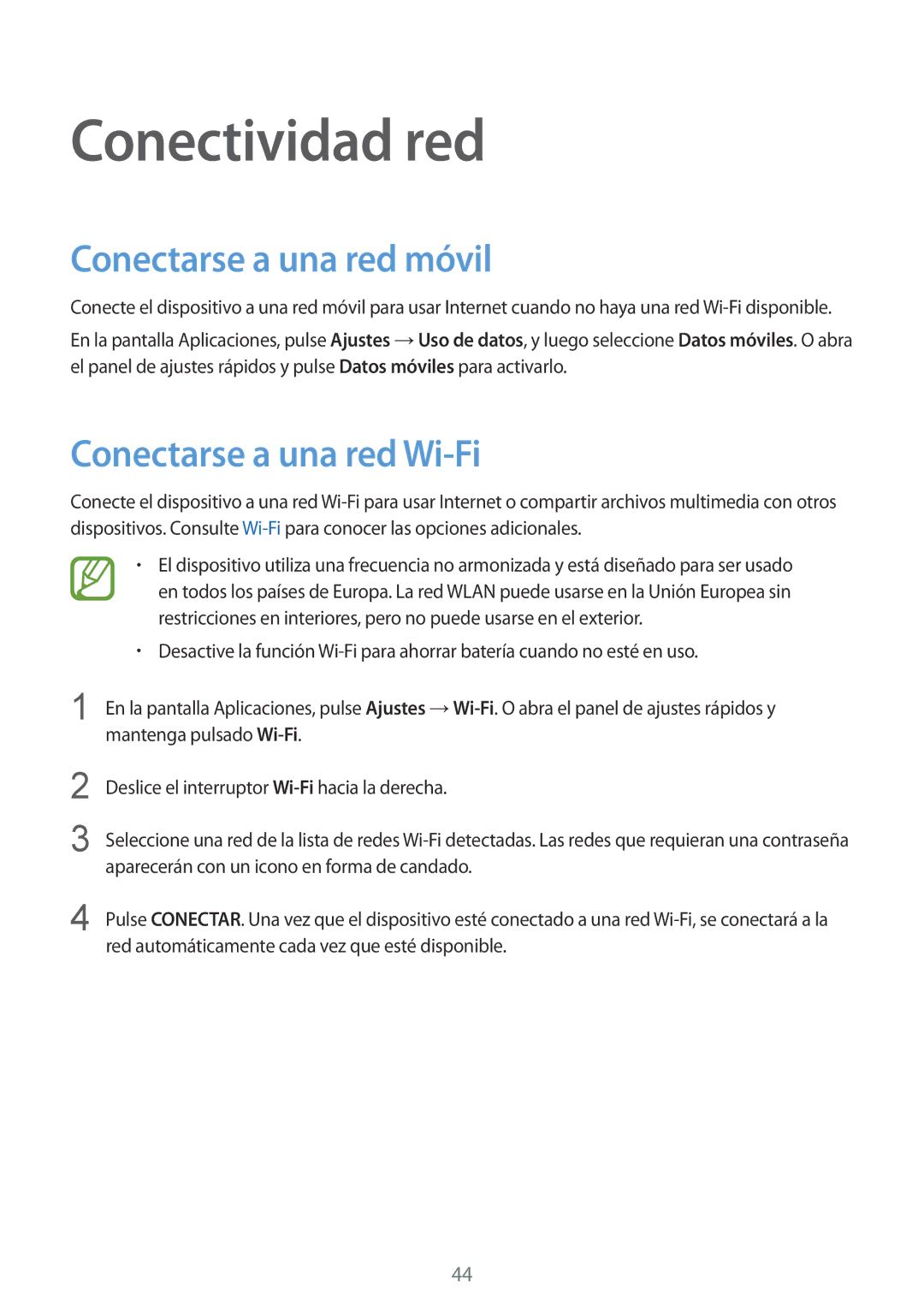 Samsung SM-G900FZKAEVR, SM-G900FZKADBT manual Conectividad red, Conectarse a una red móvil, Conectarse a una red Wi-Fi 