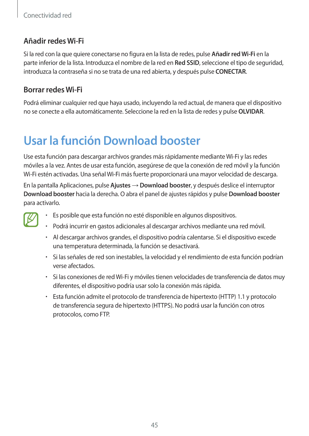 Samsung SM-G900FZDAXEC, SM-G900FZKADBT manual Usar la función Download booster, Añadir redes Wi-Fi, Borrar redes Wi-Fi 