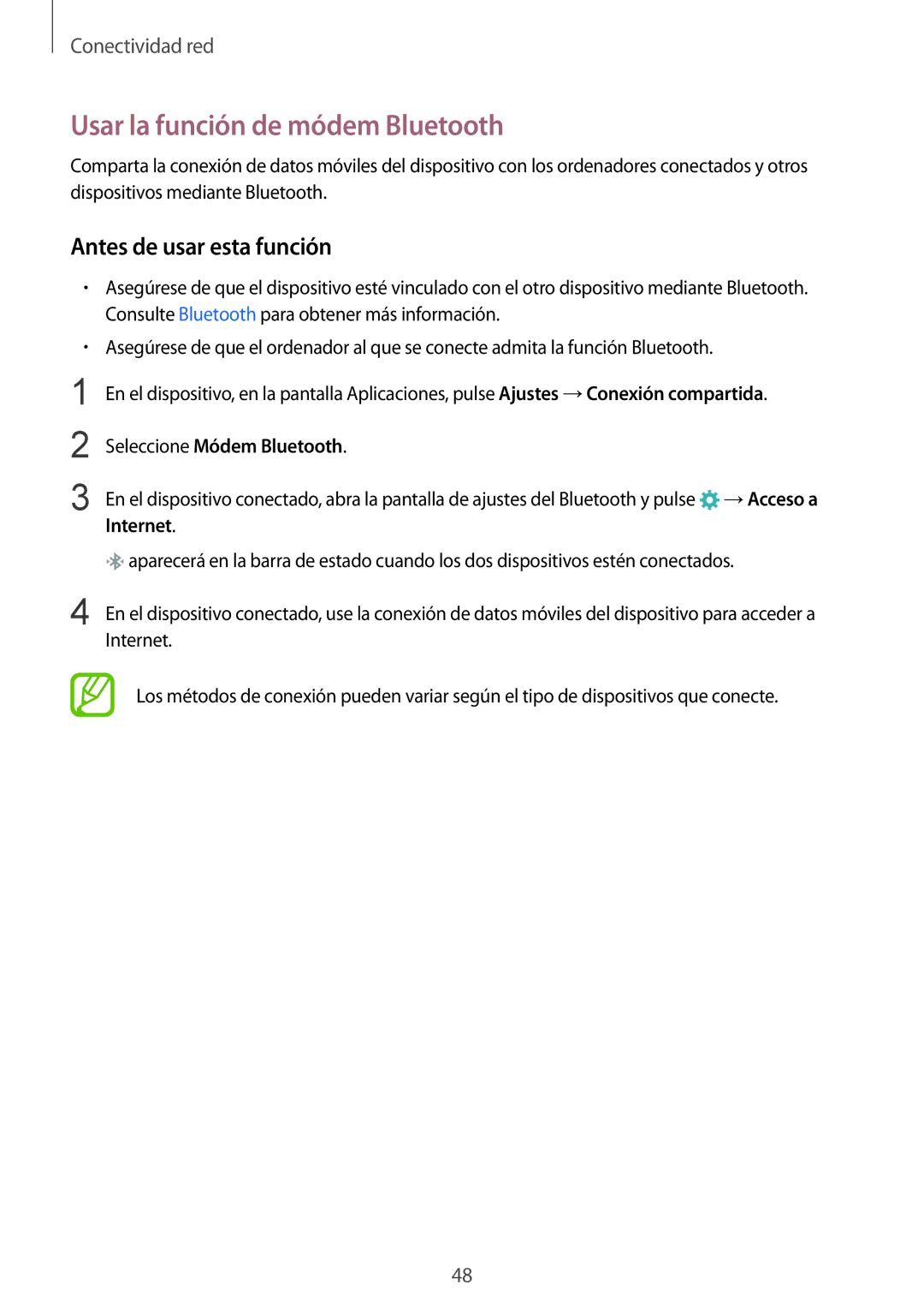 Samsung SM-G900FZWAPHE, SM-G900FZKADBT manual Usar la función de módem Bluetooth, Seleccione Módem Bluetooth, Internet 