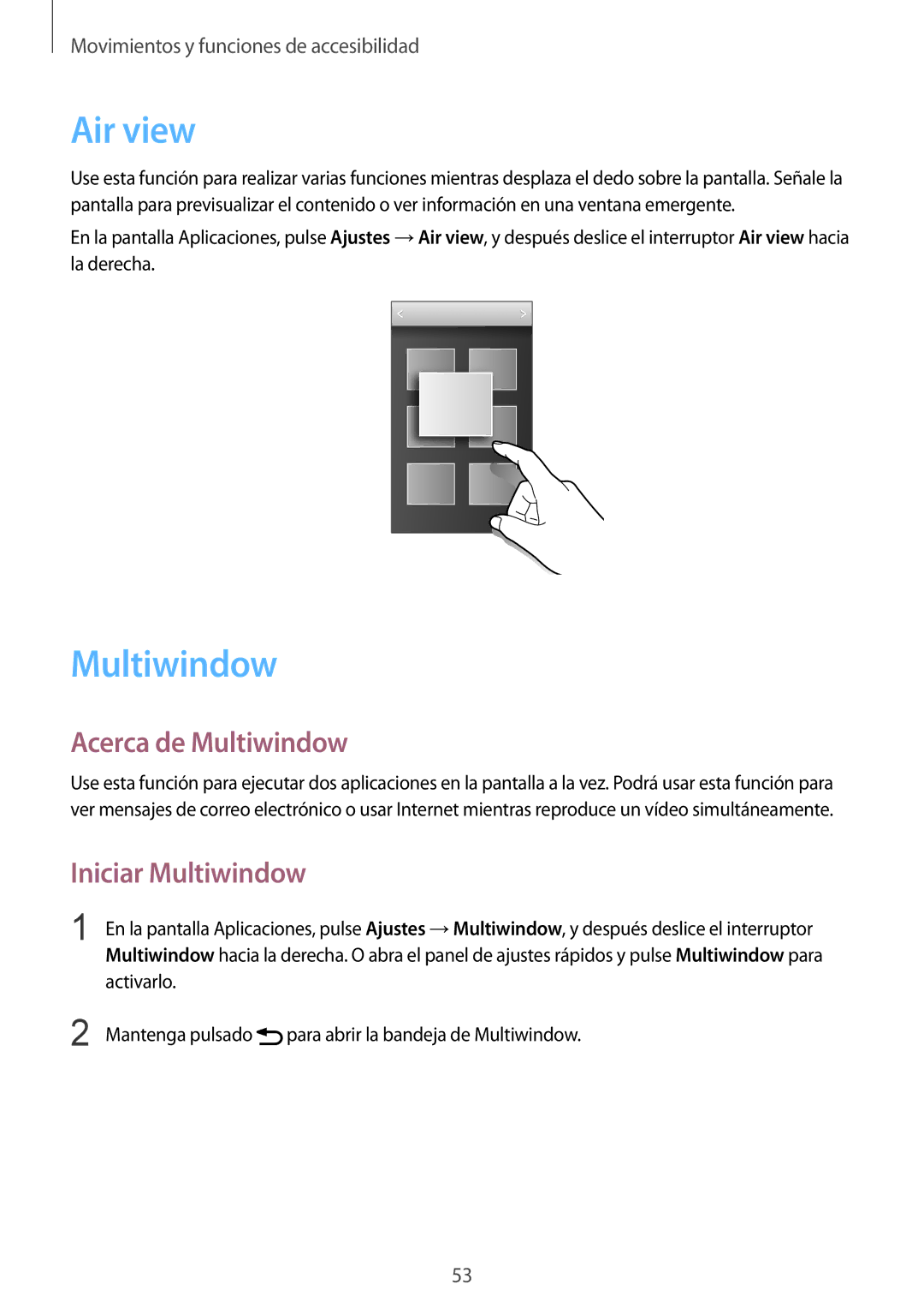 Samsung SM-G900FZDAROM, SM-G900FZKADBT, SM-G900FZWADBT manual Air view, Acerca de Multiwindow, Iniciar Multiwindow 