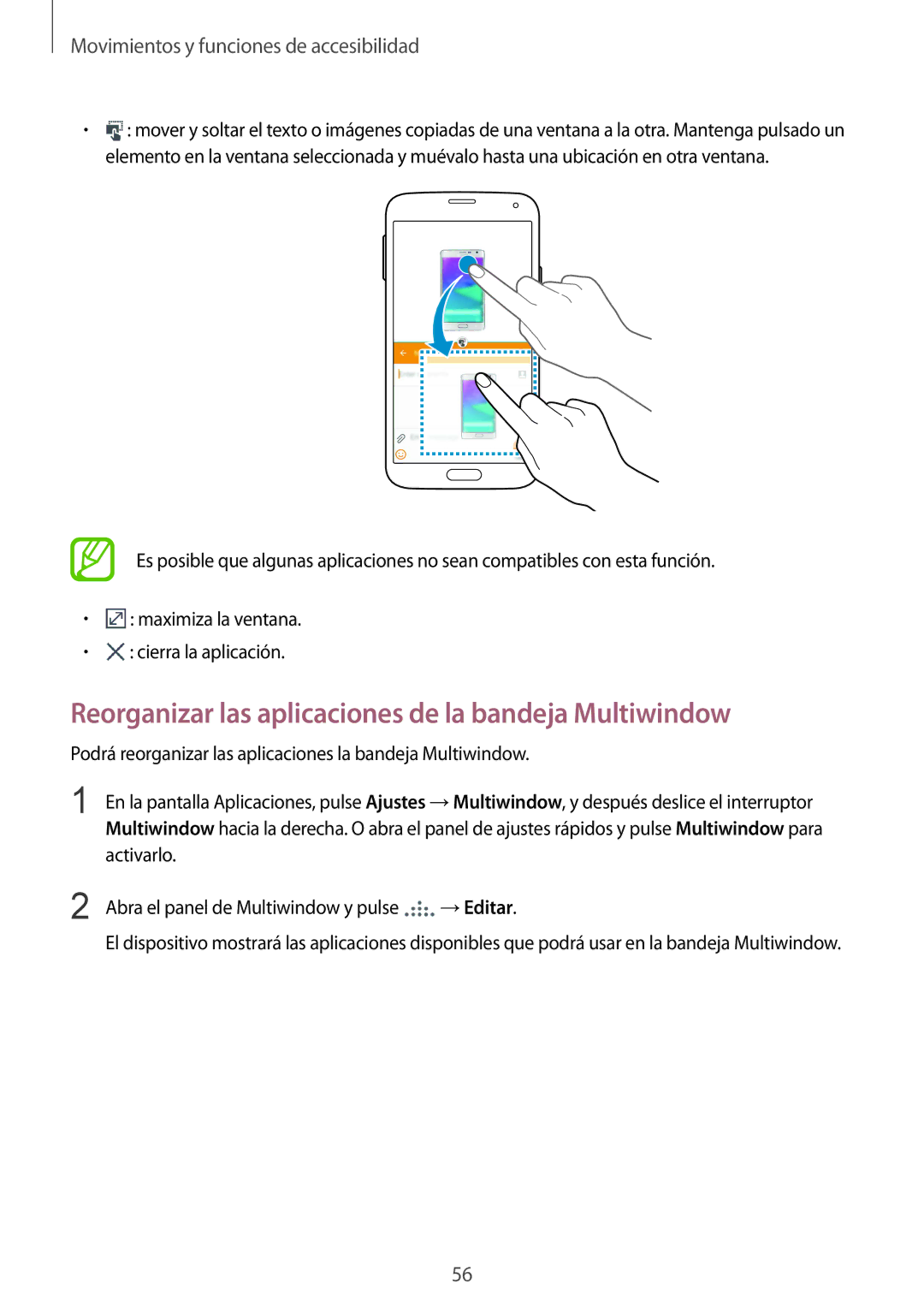 Samsung SM-G900FZDAXEH, SM-G900FZKADBT, SM-G900FZWADBT manual Reorganizar las aplicaciones de la bandeja Multiwindow 