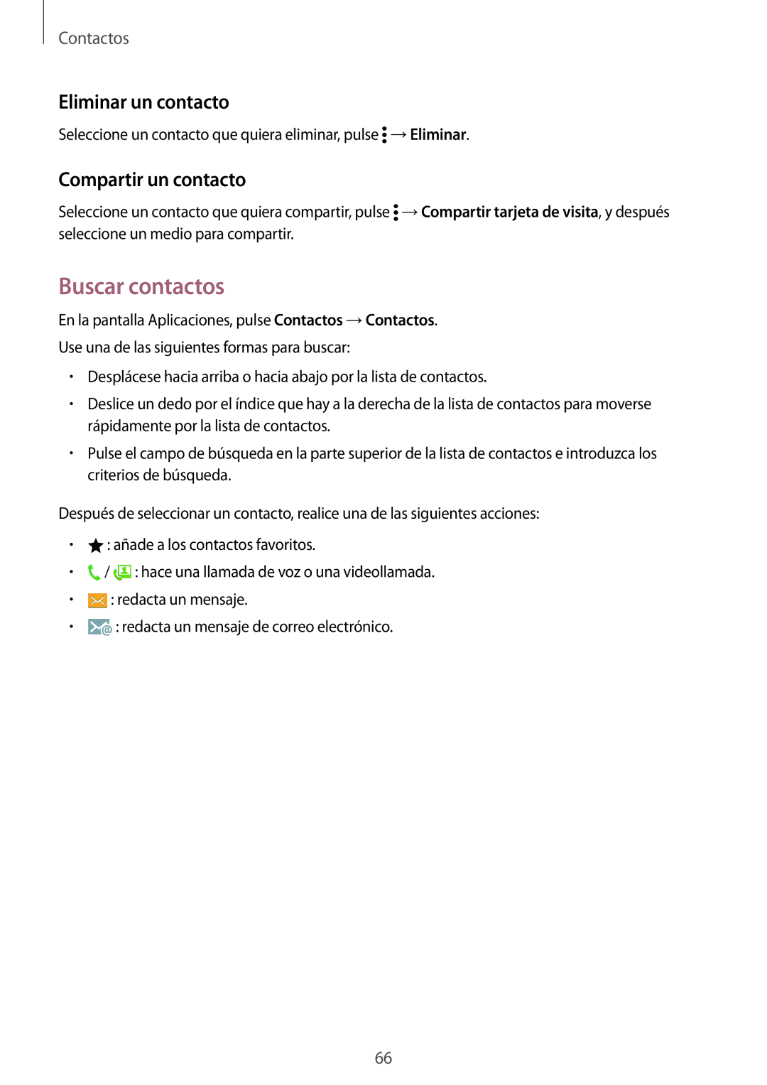 Samsung SM-G900FZWAFTM, SM-G900FZKADBT, SM-G900FZWADBT manual Buscar contactos, Eliminar un contacto, Compartir un contacto 