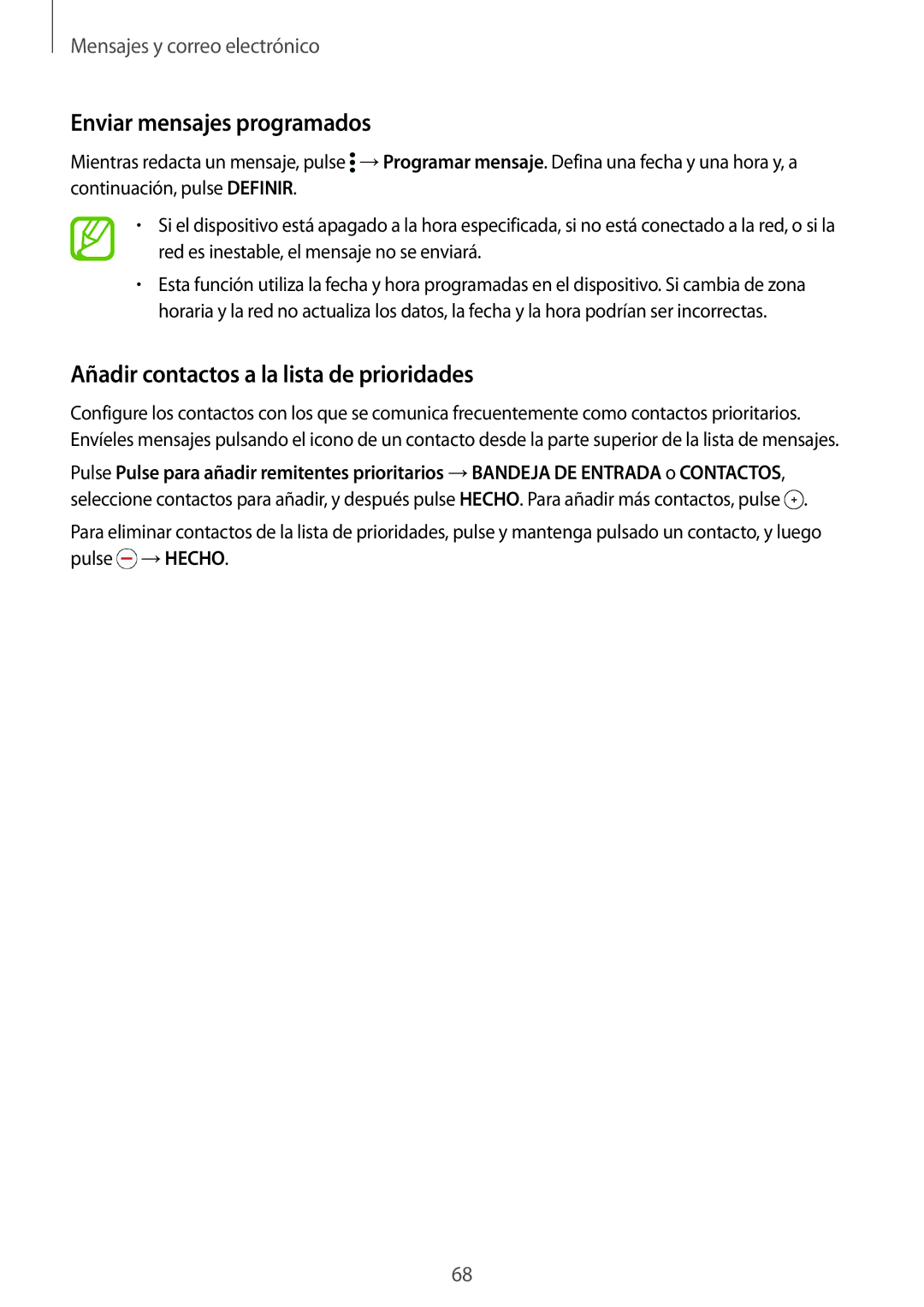 Samsung SM-G900FZWAETL, SM-G900FZKADBT manual Enviar mensajes programados, Añadir contactos a la lista de prioridades 