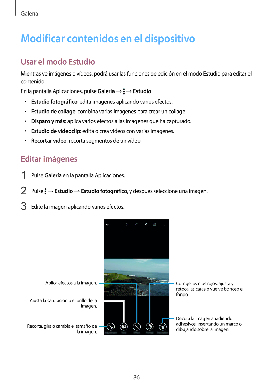 Samsung SM-G900FZWATPH, SM-G900FZKADBT manual Modificar contenidos en el dispositivo, Usar el modo Estudio, Editar imágenes 